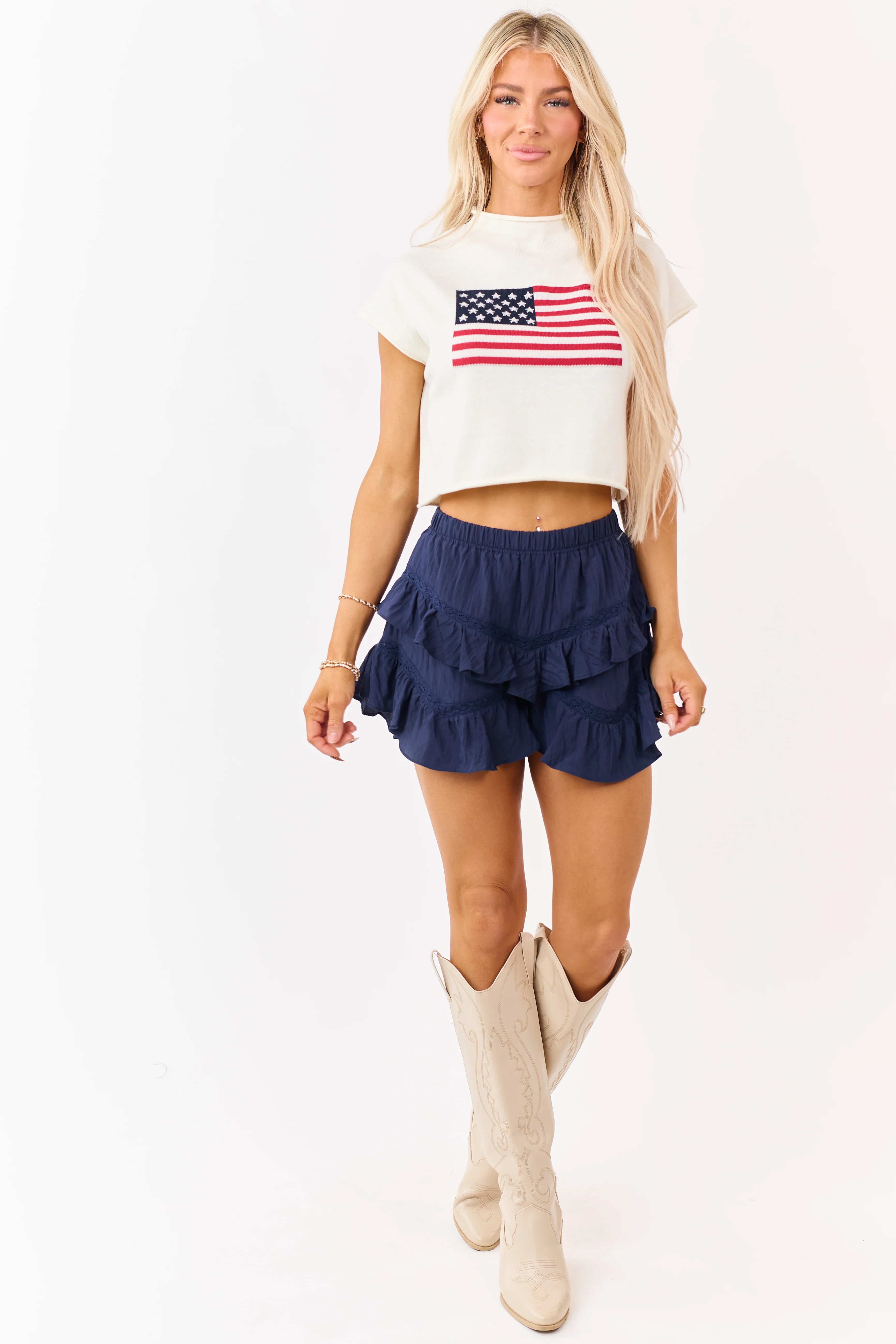Cream American Flag Graphic Short Sleeve Top - Image 4