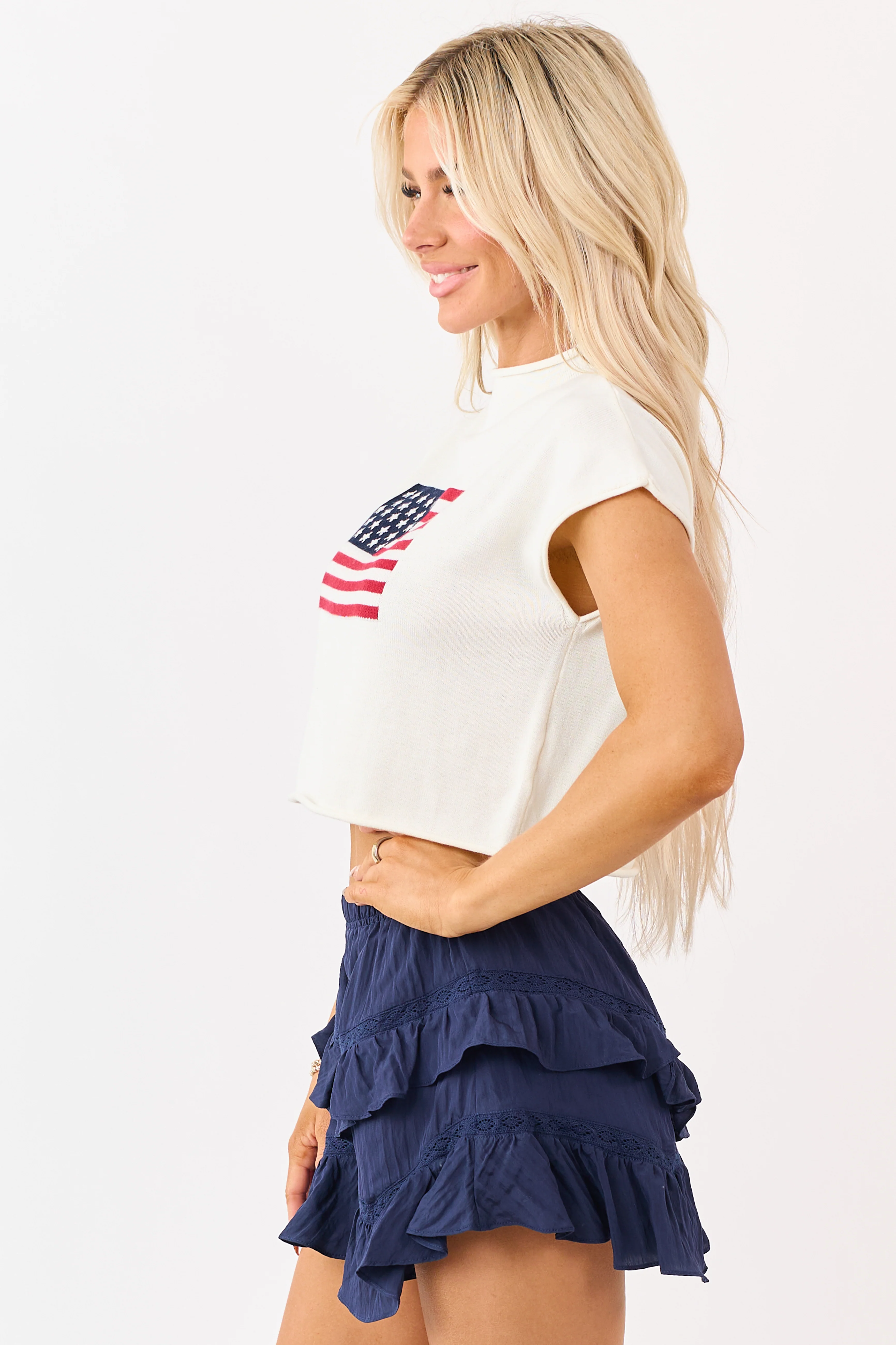 Cream American Flag Graphic Short Sleeve Top - Image 5