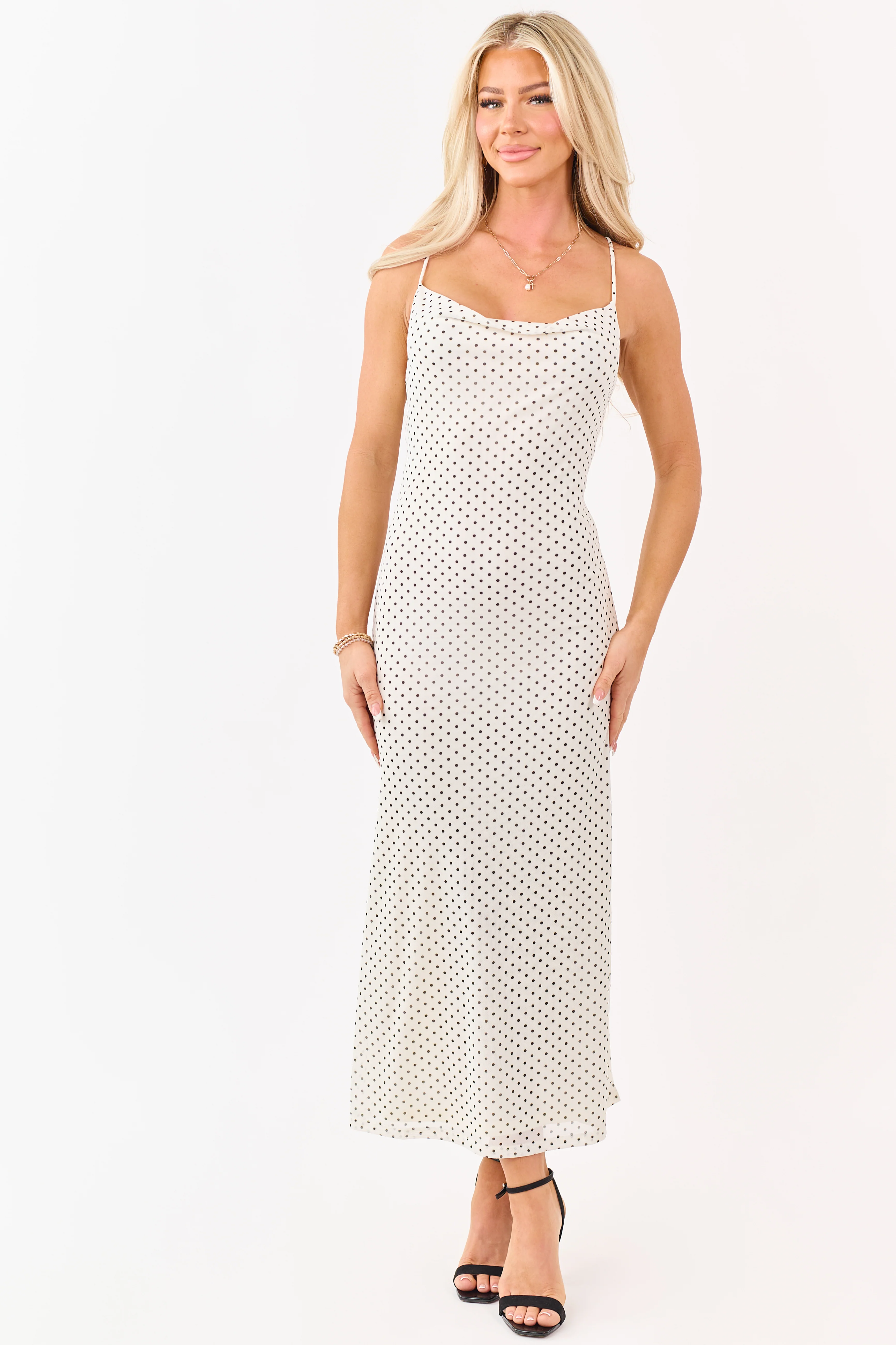 Cream and Black Polka Dot Mesh Cowl Neck Midi Dress - Image 4
