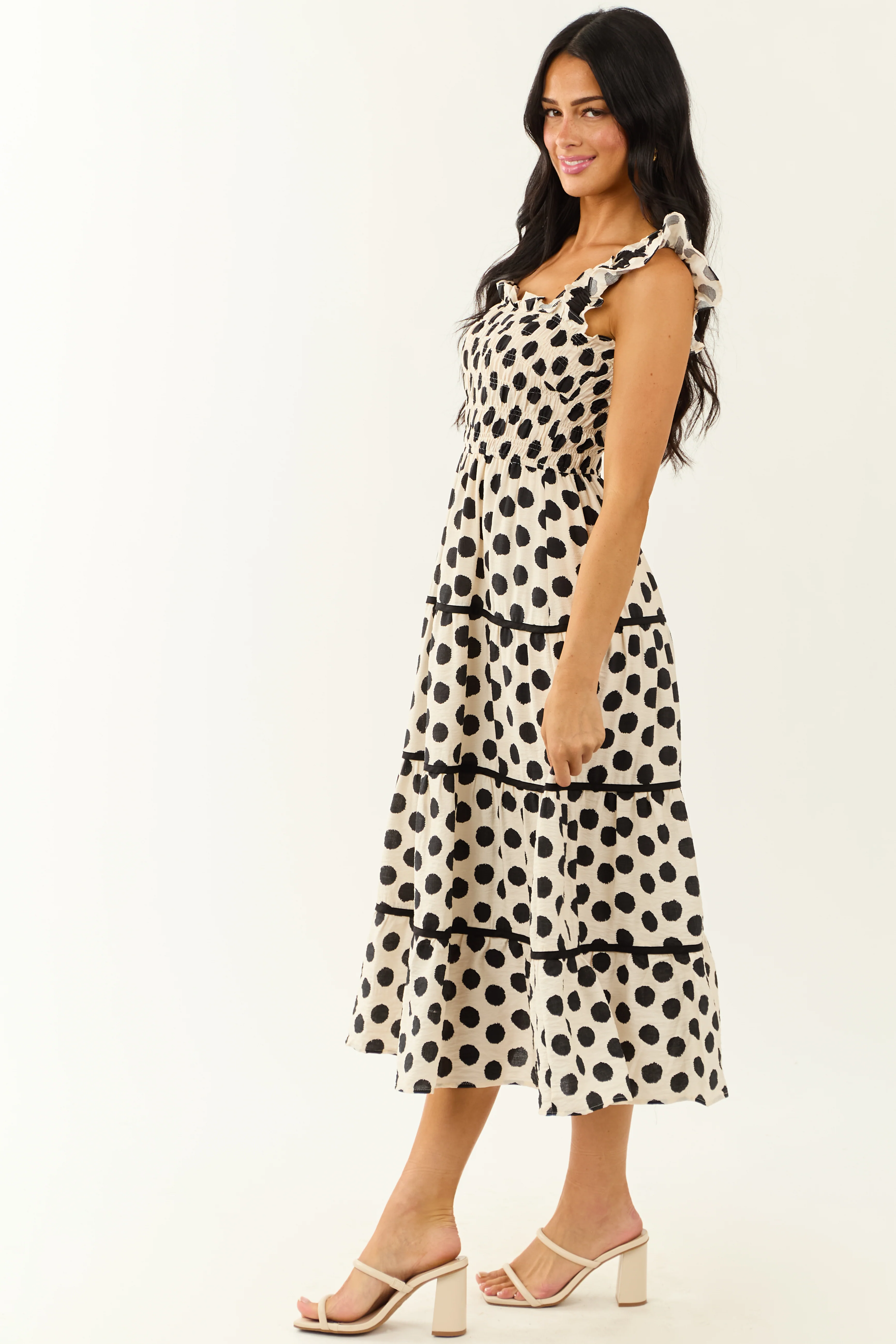 Cream and Black Polka Dot Sleeveless Midi Dress - Image 4