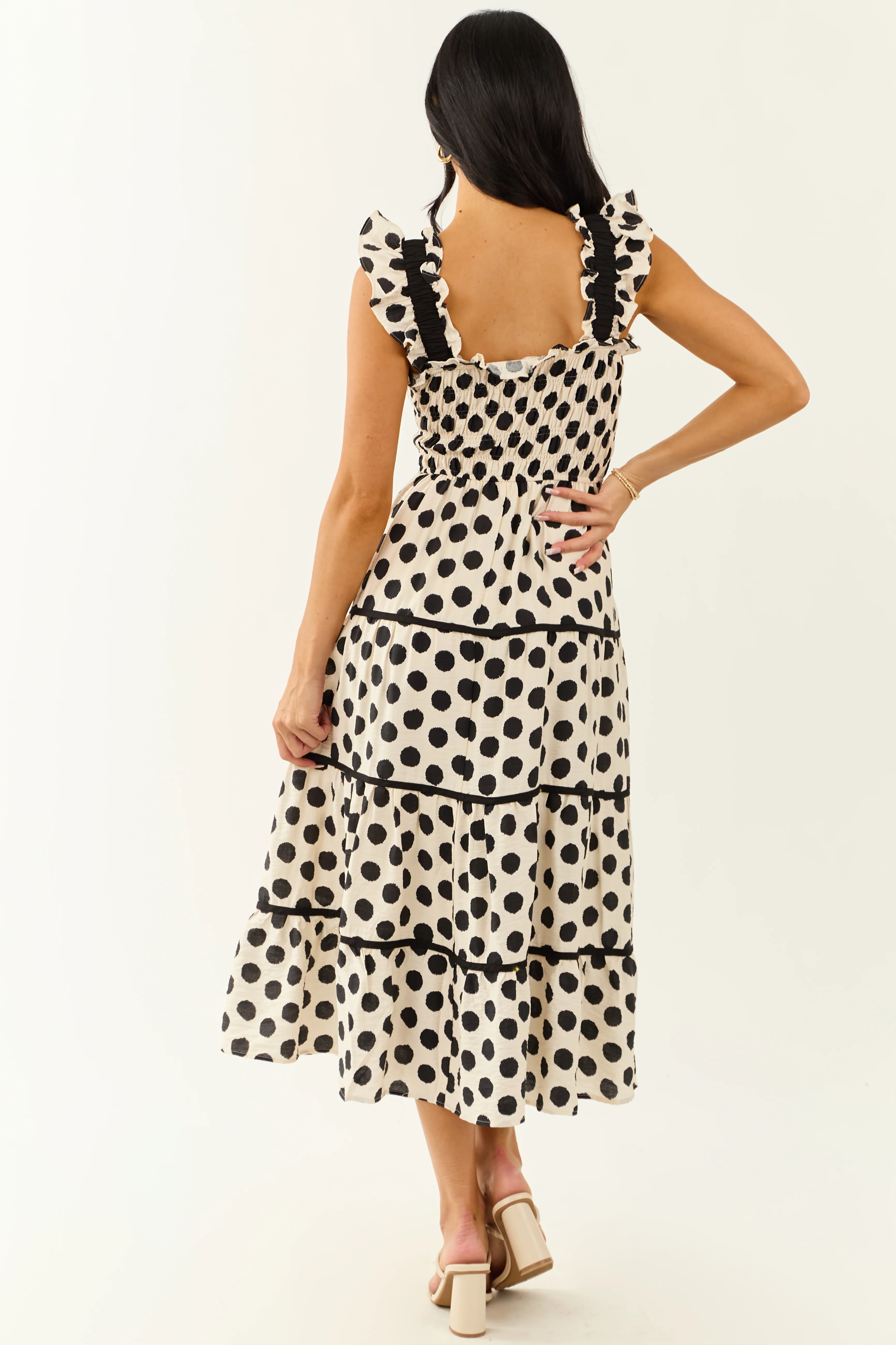 Cream and Black Polka Dot Sleeveless Midi Dress - Image 5
