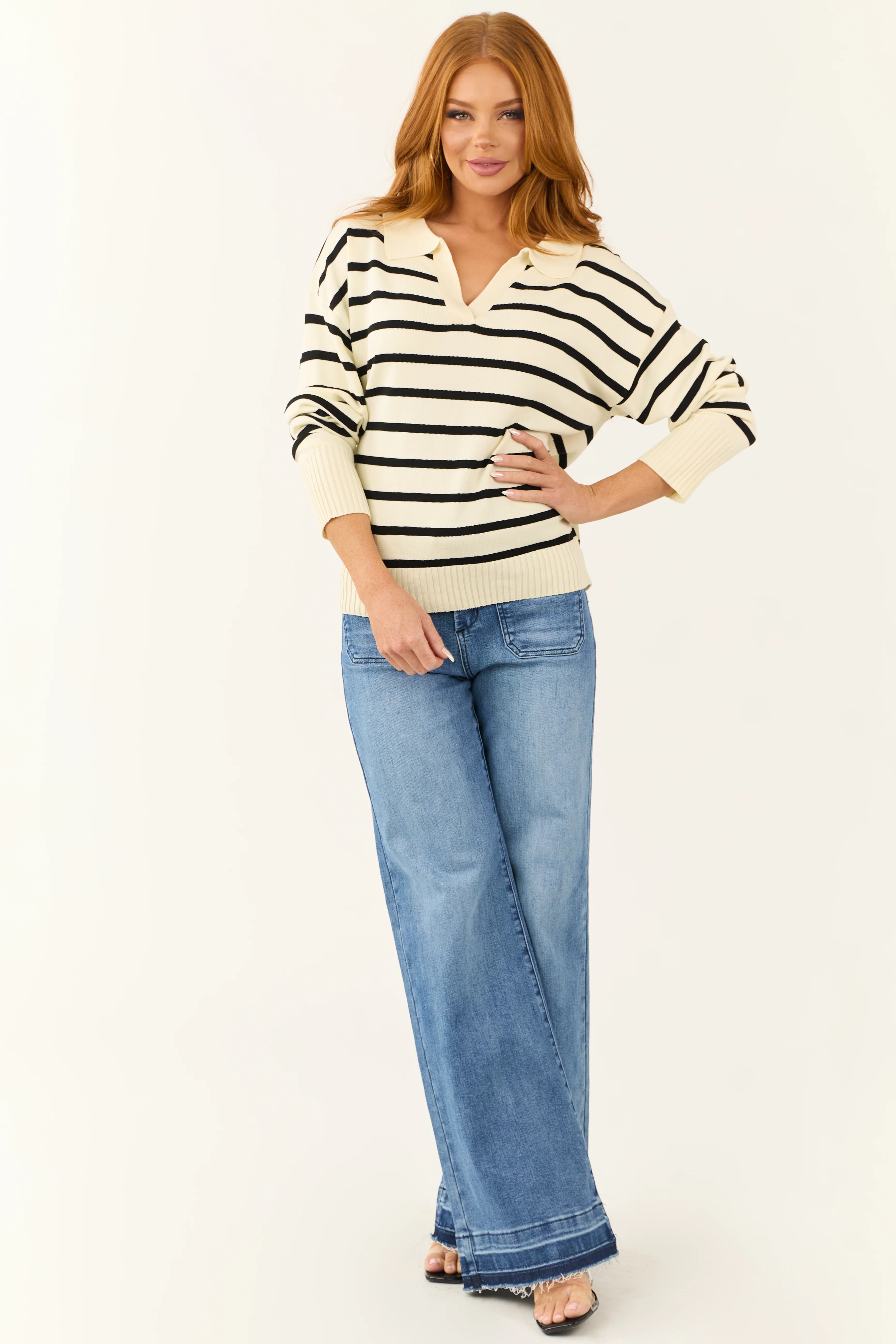 Cream and Black Striped Collared V Neck Sweater - Image 5