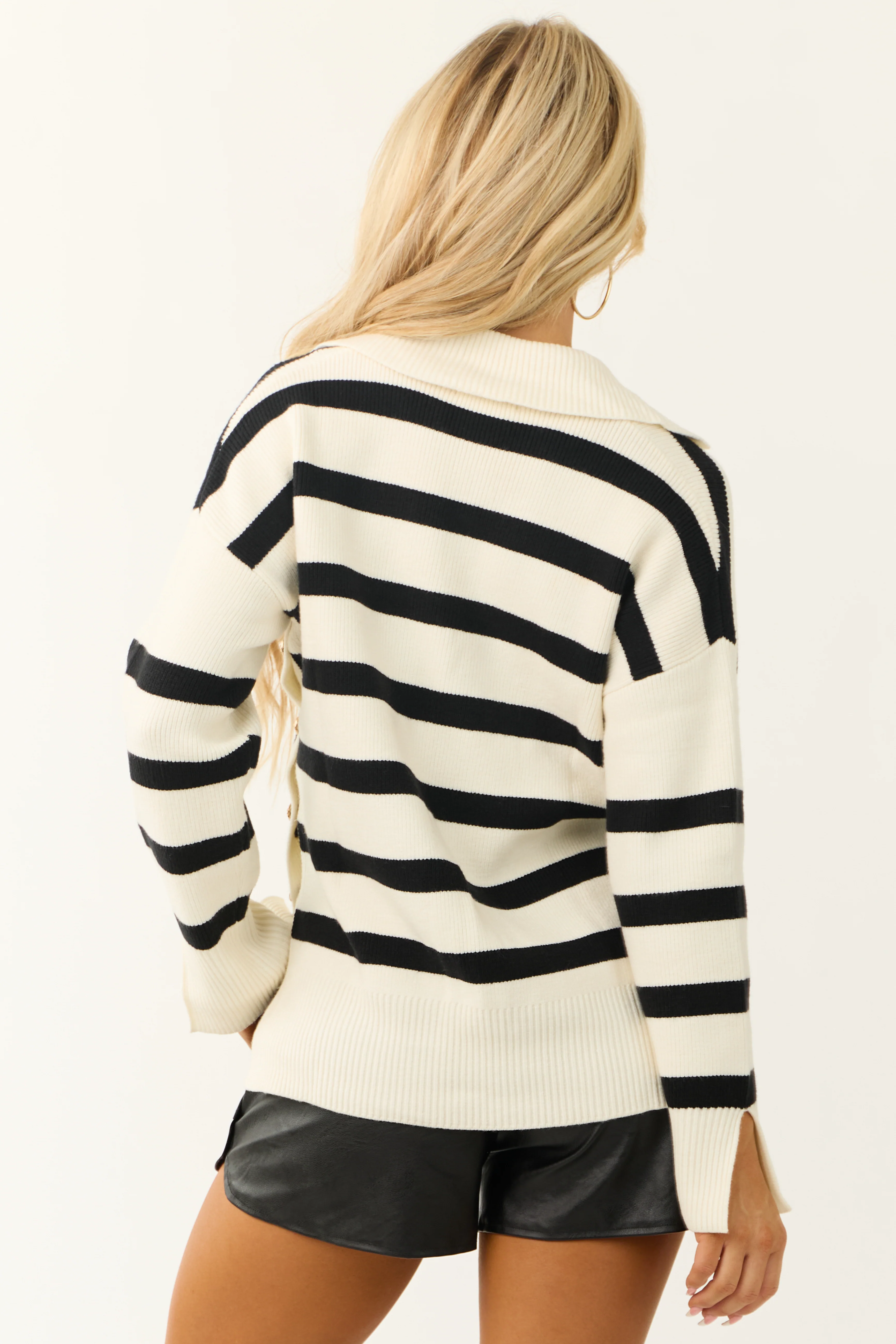 Cream and Black Striped Side Button Sweater - Image 7
