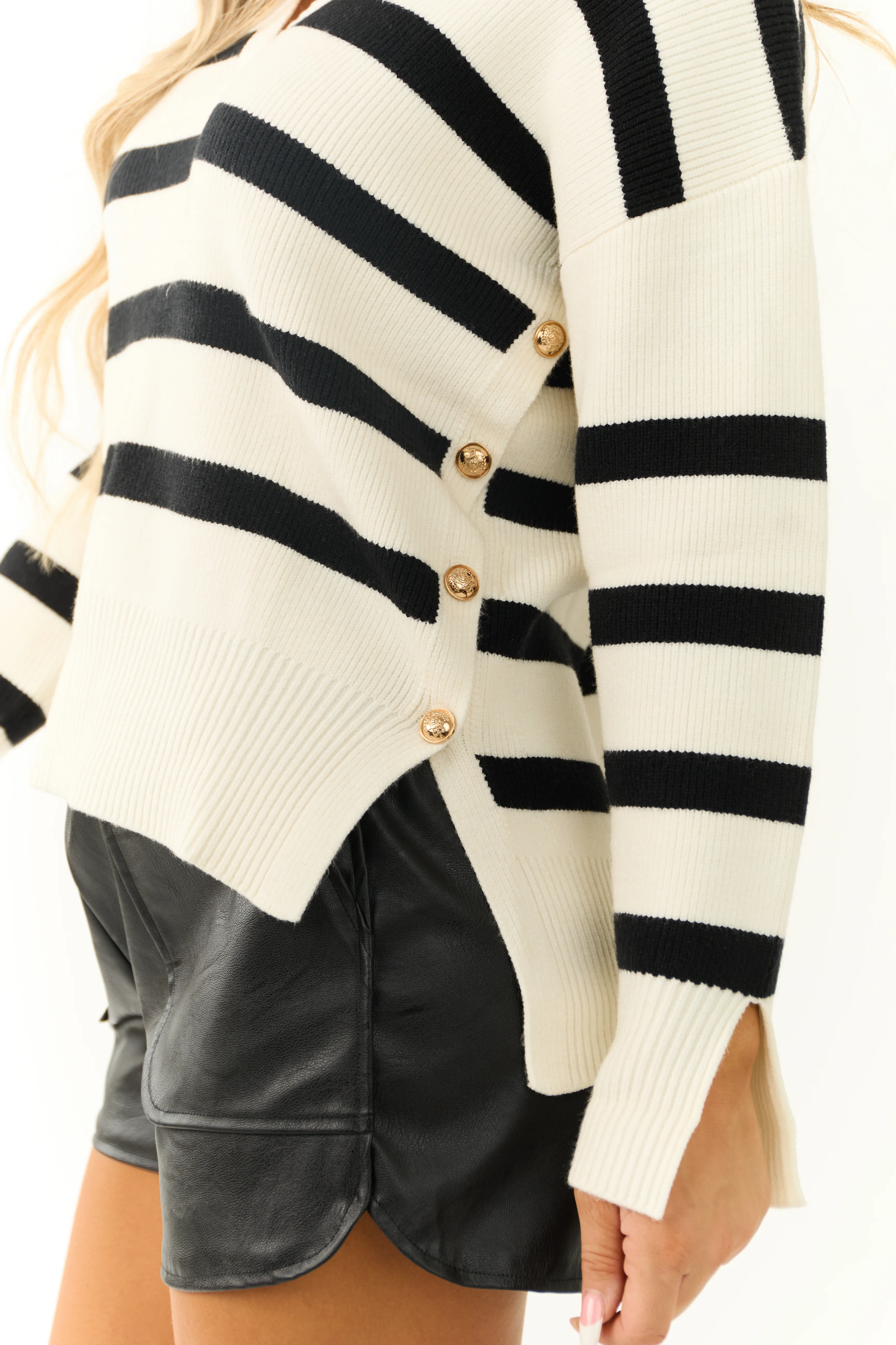 Cream and Black Striped Side Button Sweater - Image 8