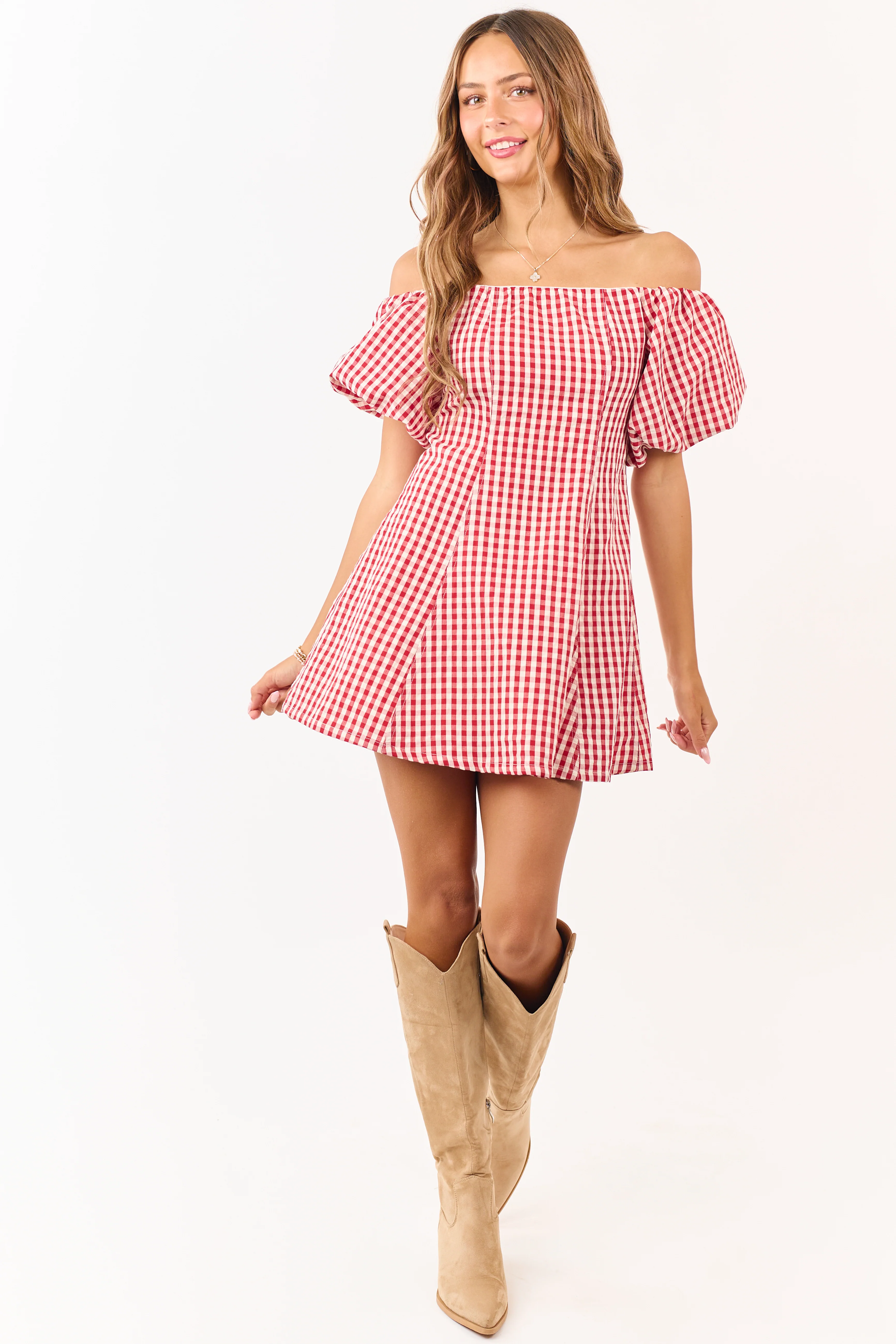 Cream and Burgundy Gingham Off Shoulder Mini Dress - Image 4