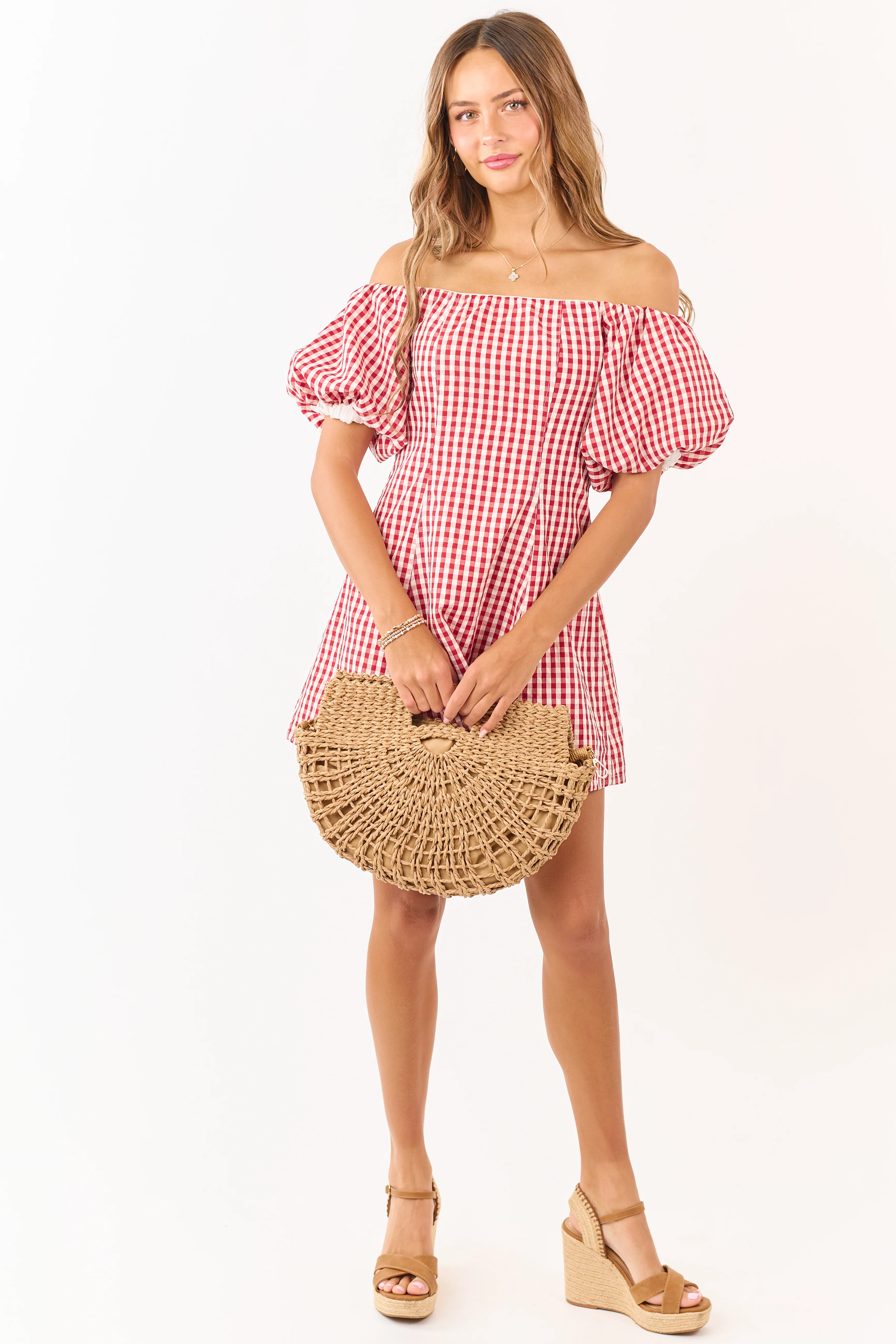 Cream and Burgundy Gingham Off Shoulder Mini Dress - Image 6