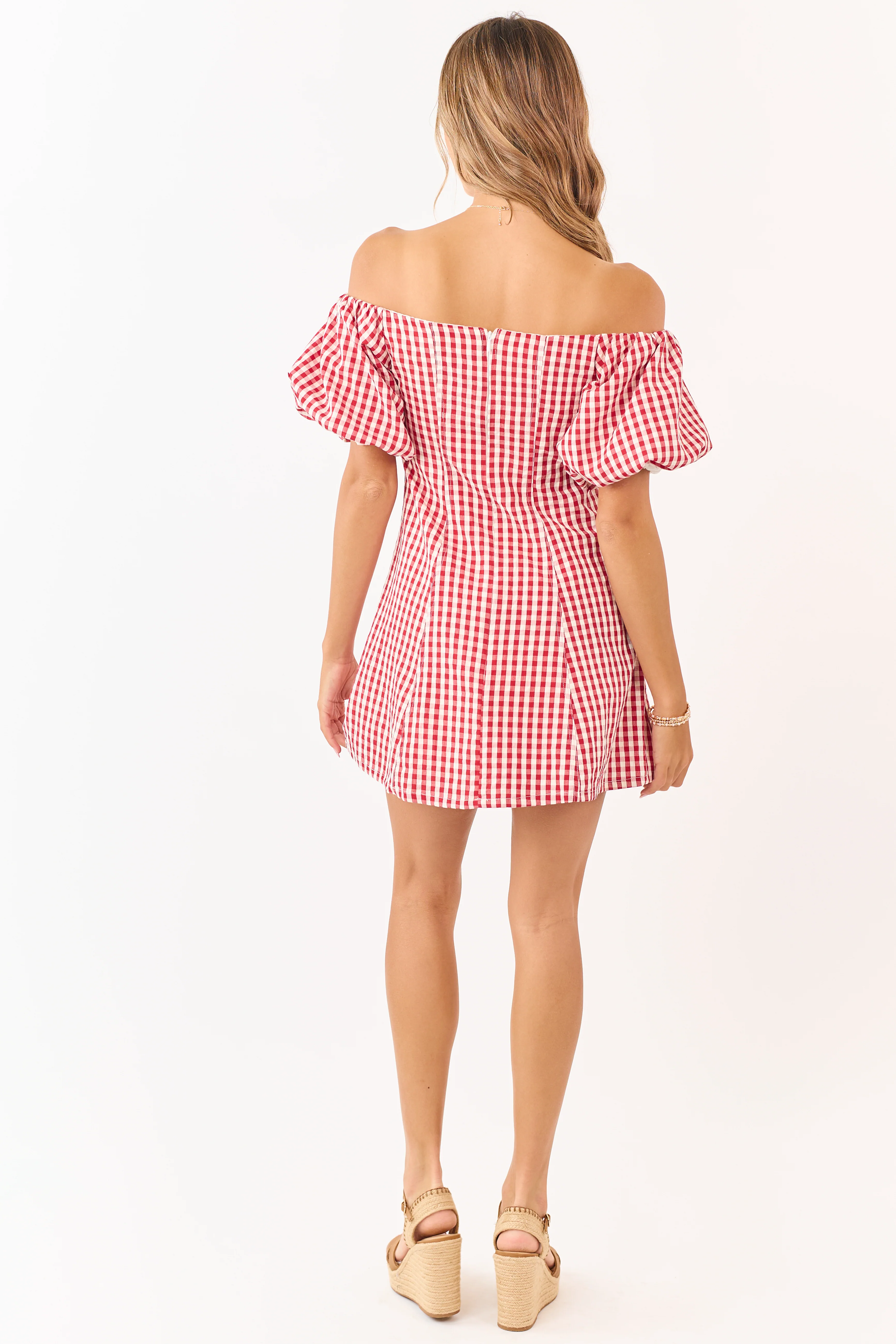 Cream and Burgundy Gingham Off Shoulder Mini Dress - Image 8