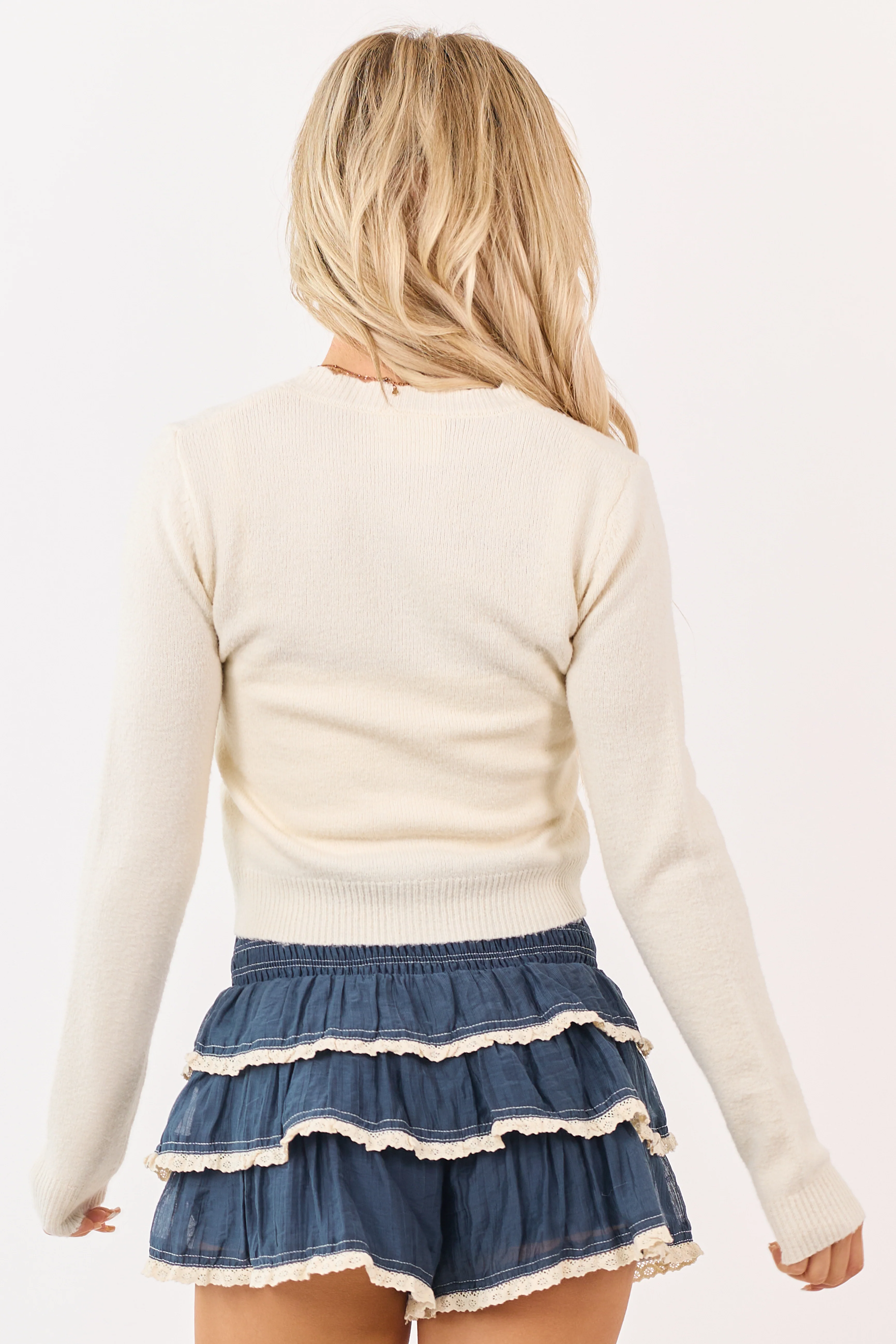 Cream Button Down Floral Embroidered Cardigan - Image 6