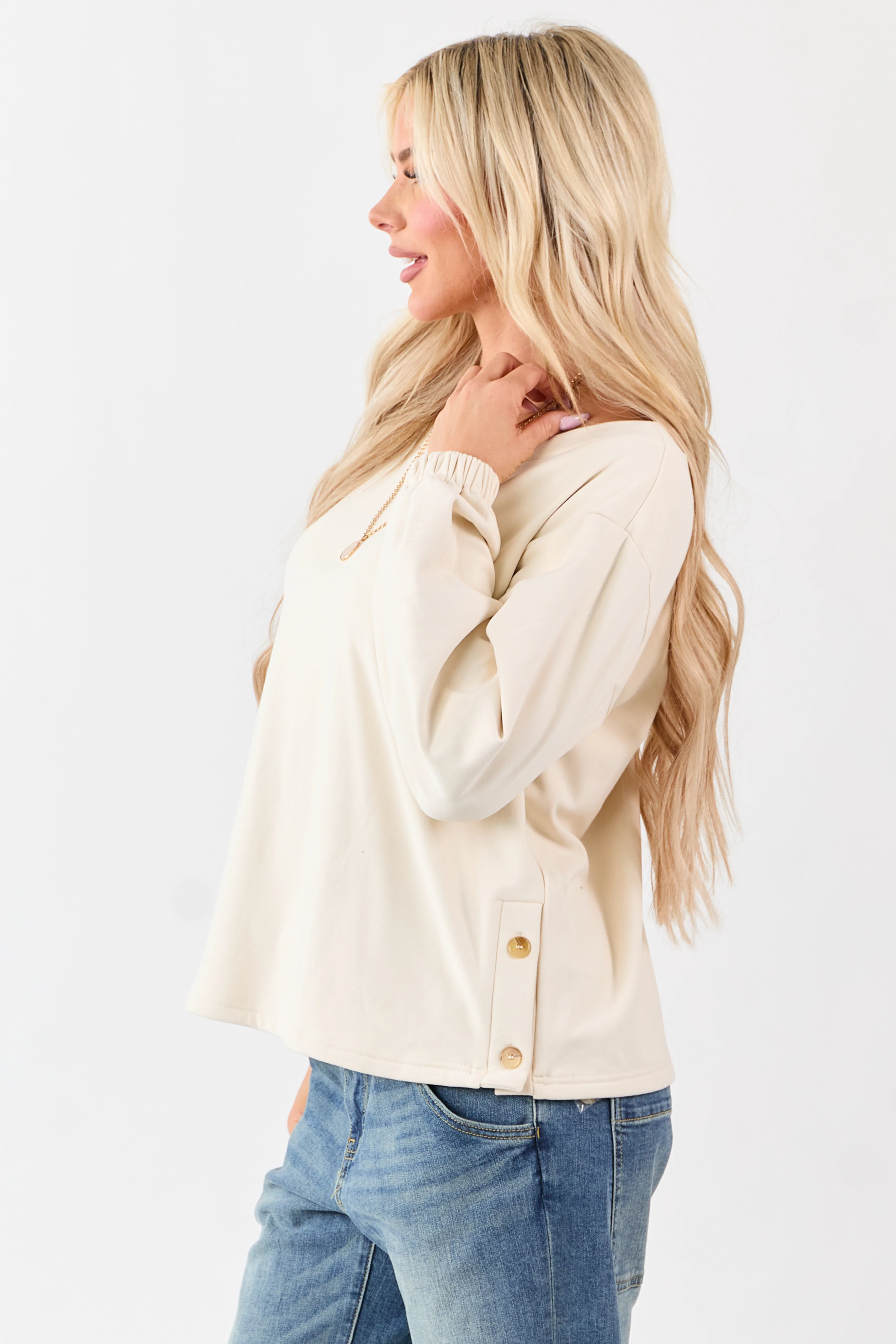 Cream Buttoned Side Long Sleeve Soft Knit Top - Image 4
