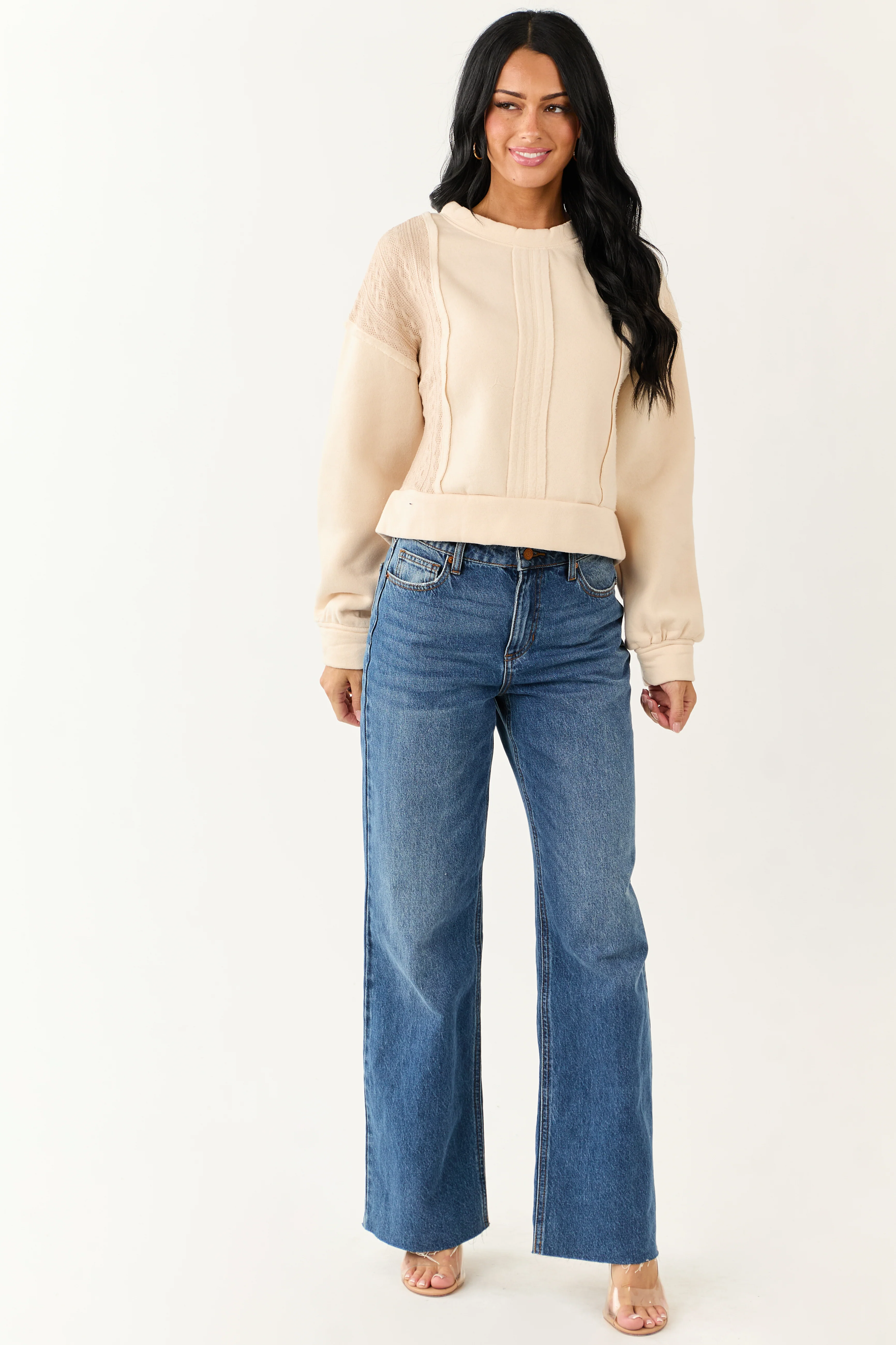 Cream Cable Knit Contrast Relaxed Pullover Sweatshirt - Image 2