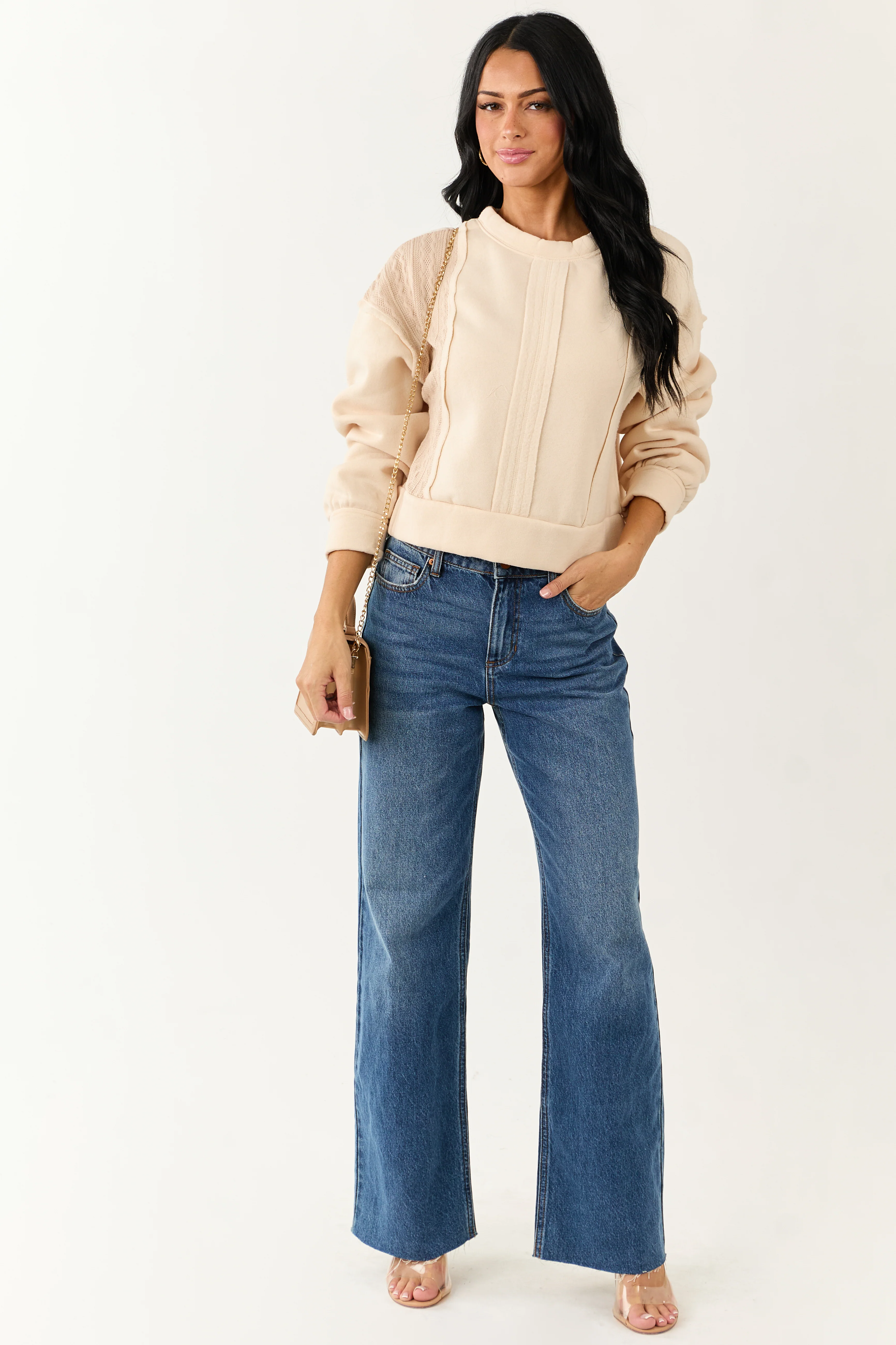 Cream Cable Knit Contrast Relaxed Pullover Sweatshirt - Image 3