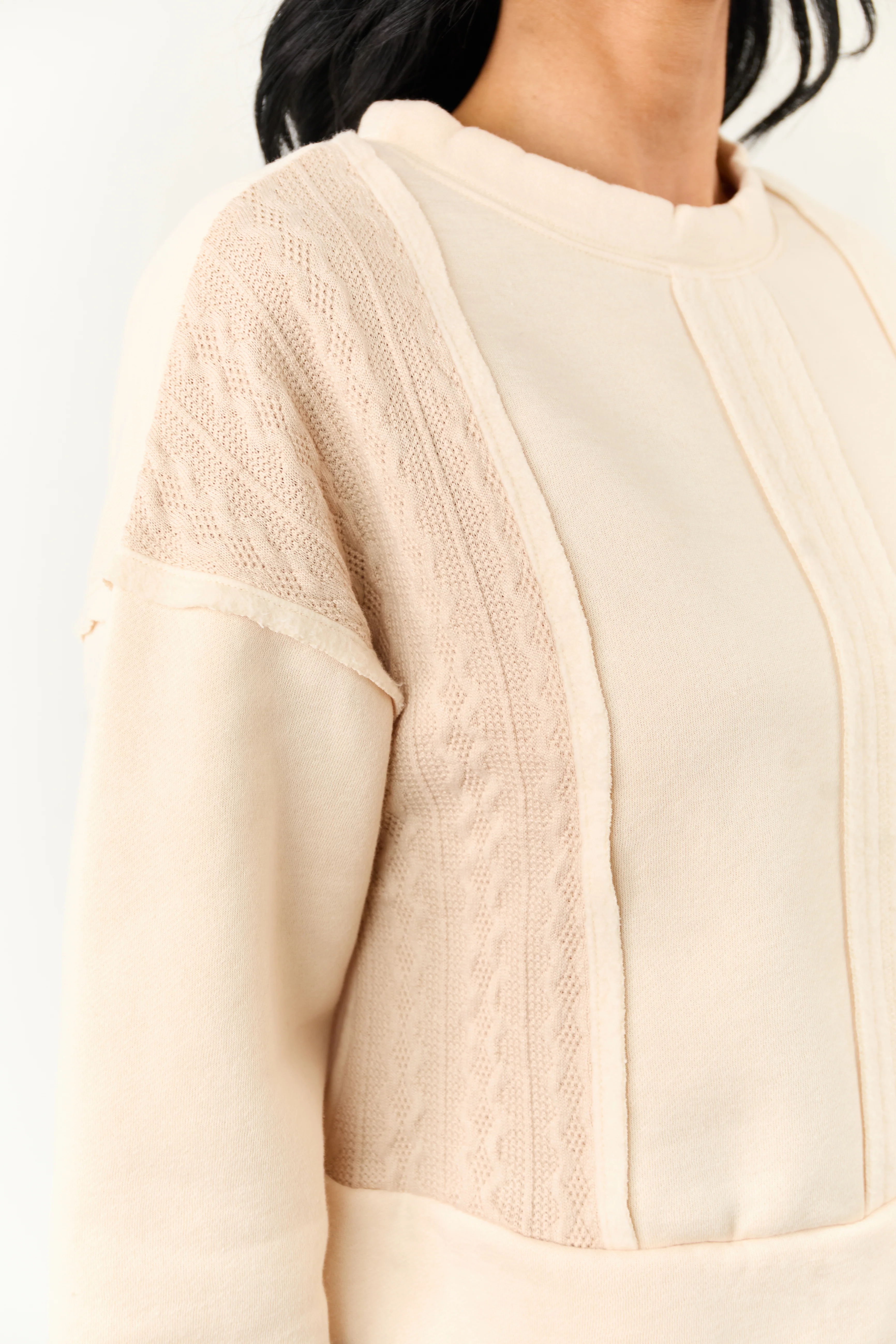 Cream Cable Knit Contrast Relaxed Pullover Sweatshirt - Image 6