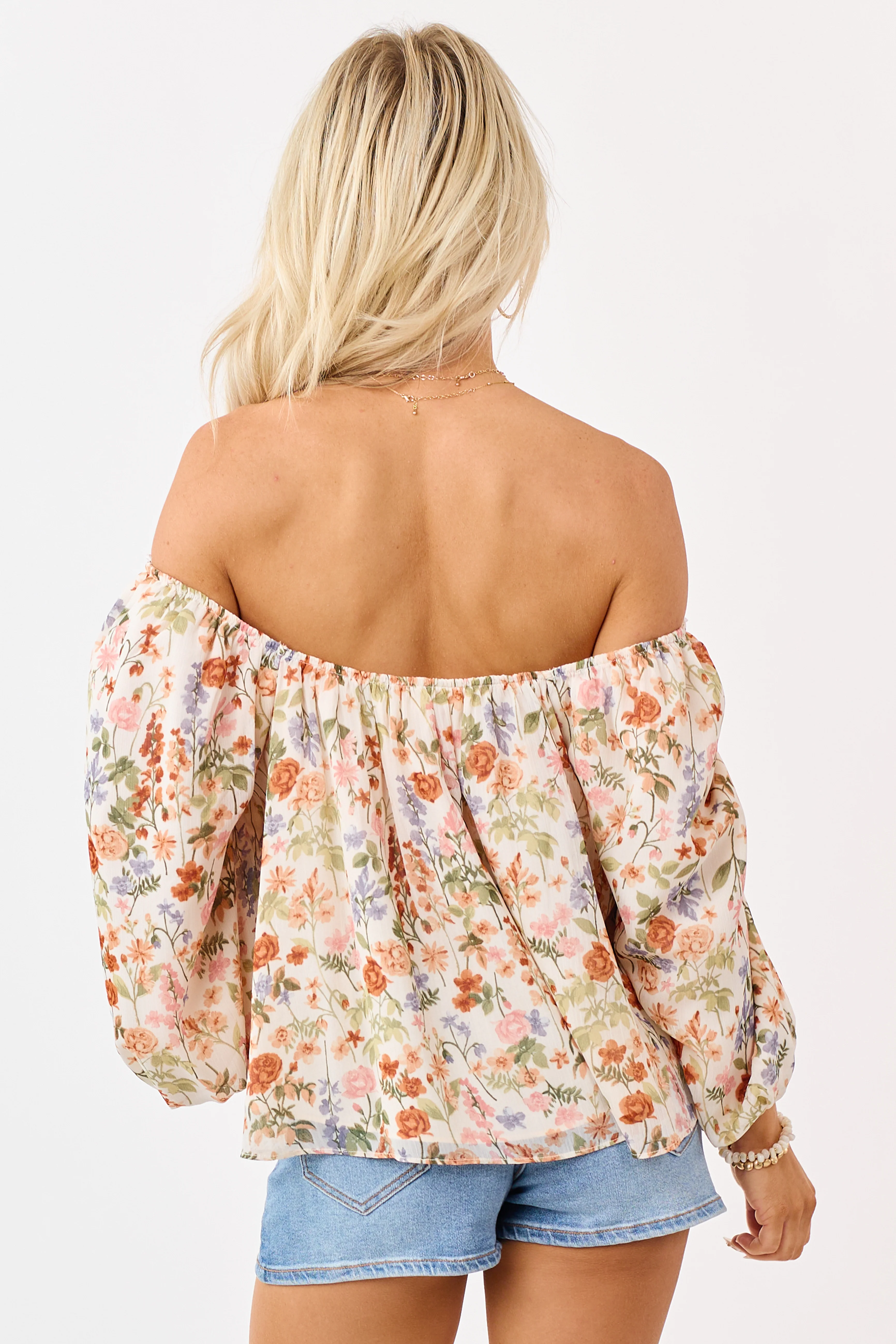 Cream Chiffon Floral Print 3/4 Puff Sleeve Top - Image 6