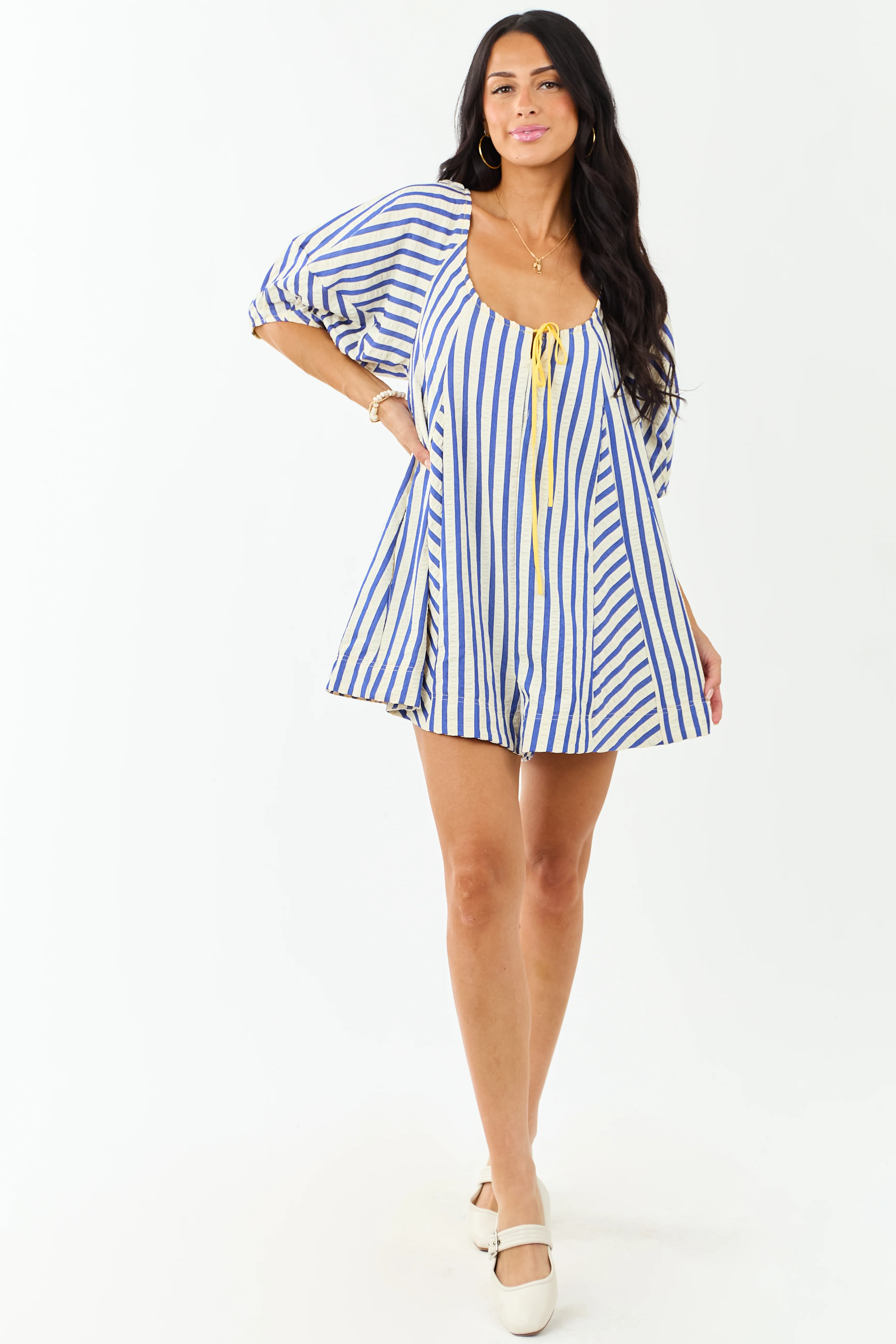 Cream and Cobalt Striped Bubble Sleeve Relaxed Romper - Image 3