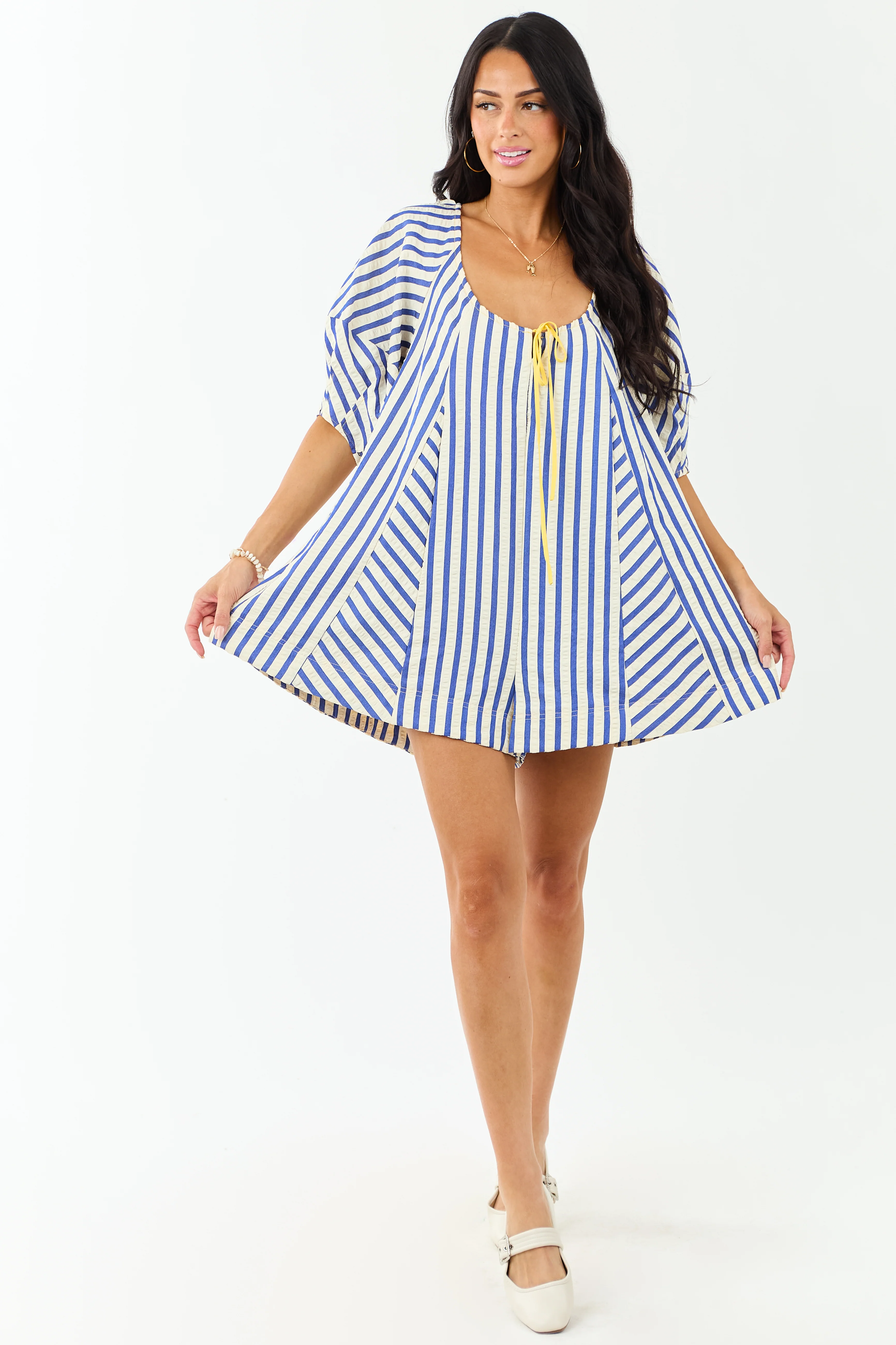 Cream and Cobalt Striped Bubble Sleeve Relaxed Romper - Image 6