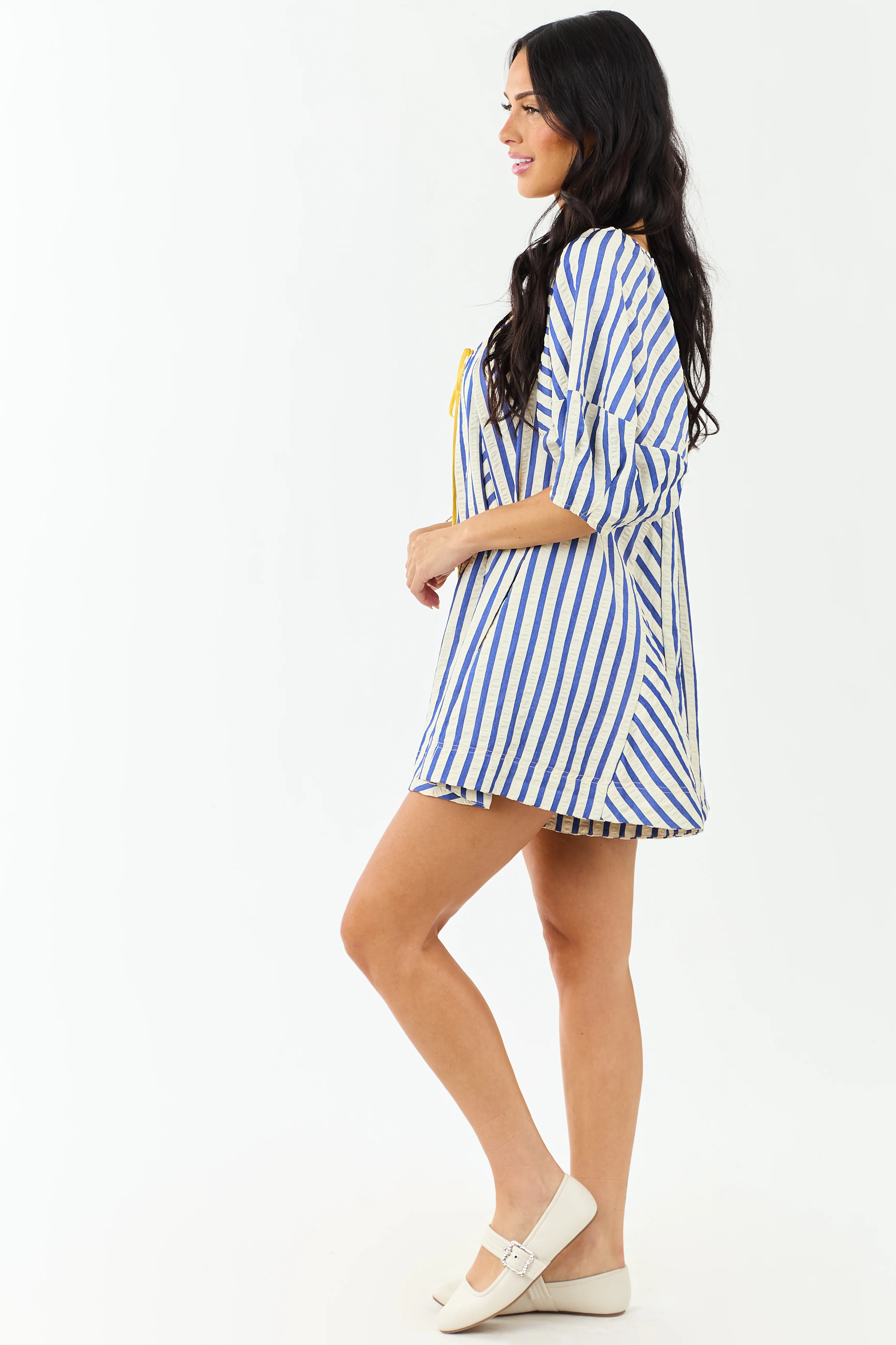 Cream and Cobalt Striped Bubble Sleeve Relaxed Romper - Image 7