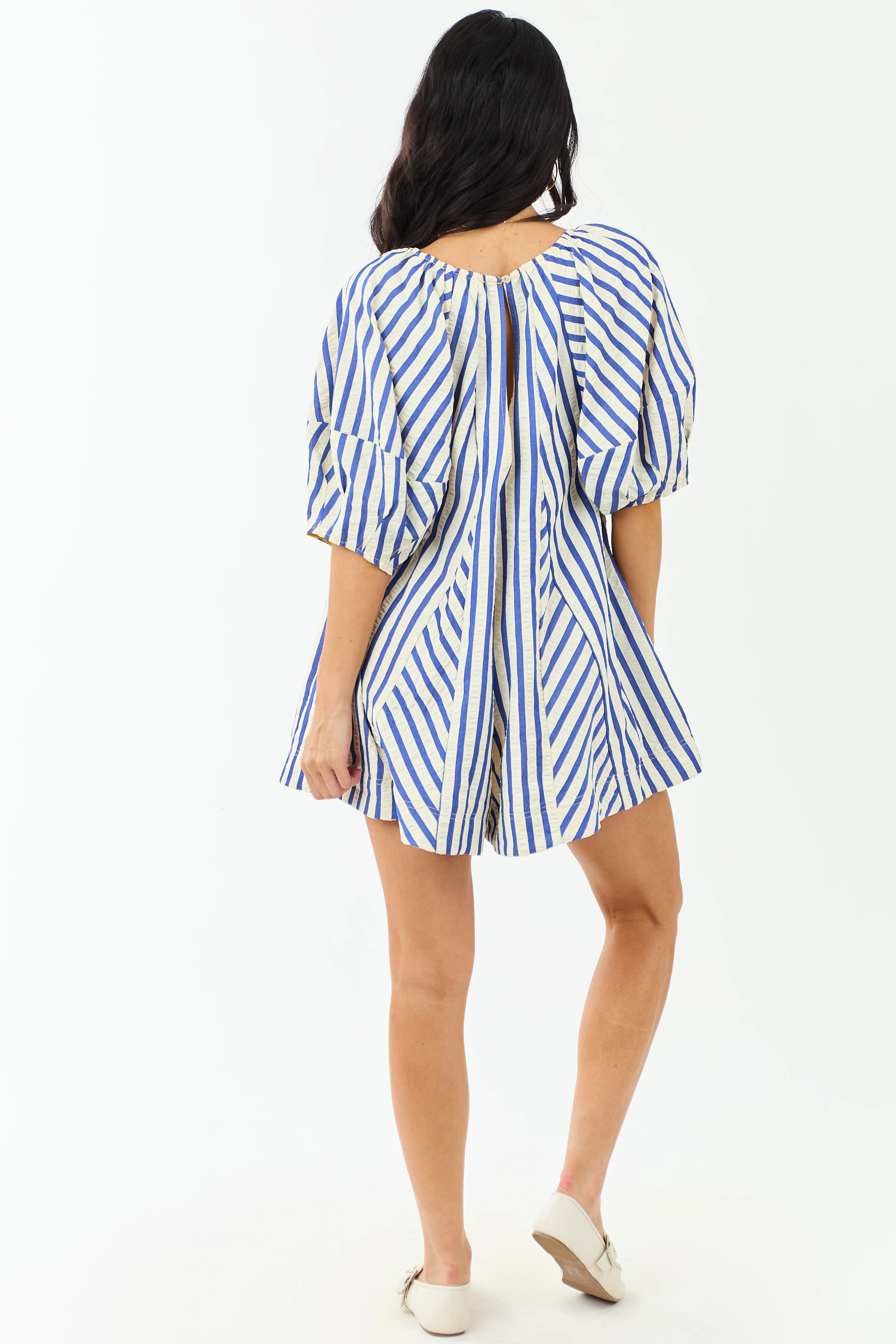 Cream and Cobalt Striped Bubble Sleeve Relaxed Romper - Image 8