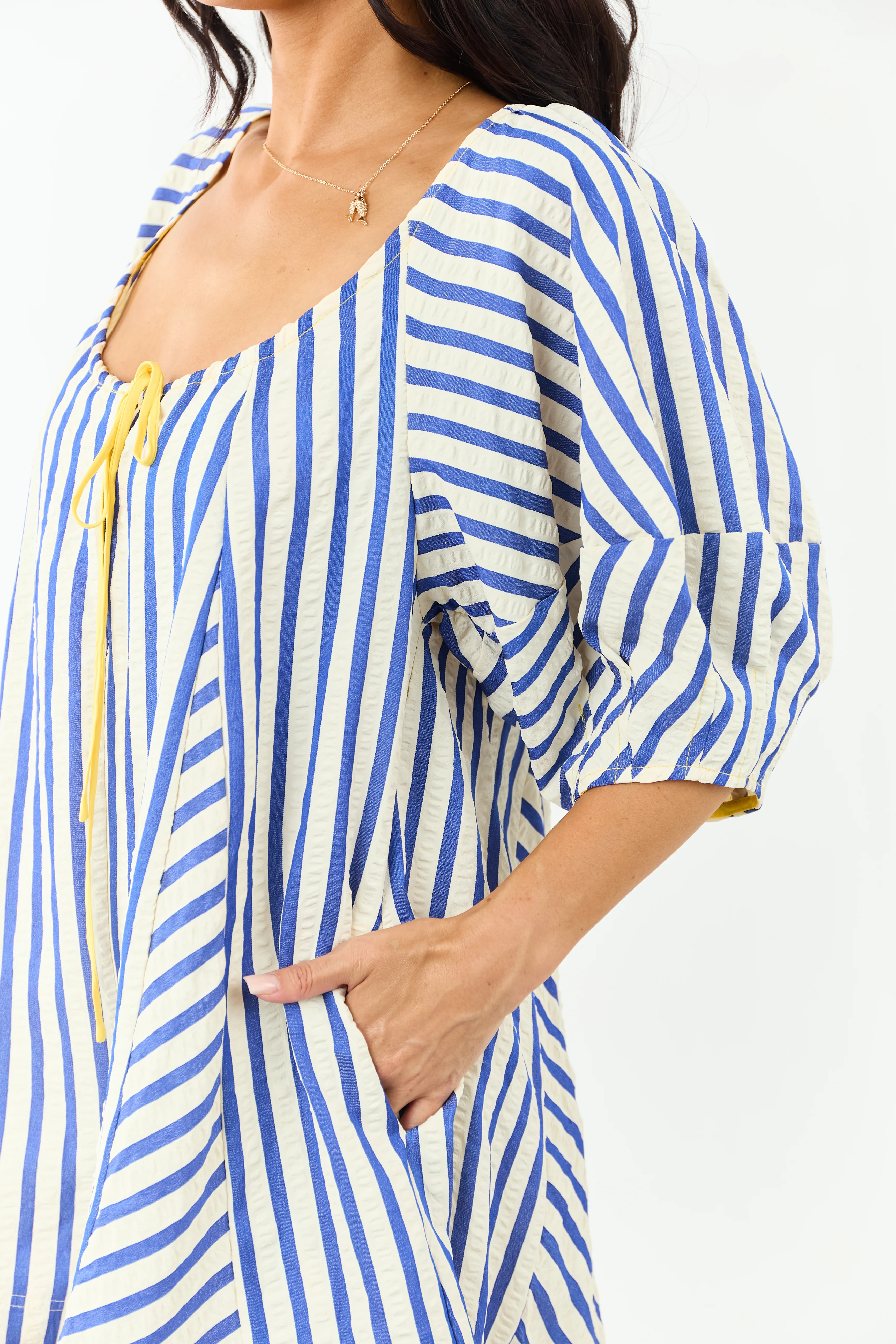 Cream and Cobalt Striped Bubble Sleeve Relaxed Romper - Image 9