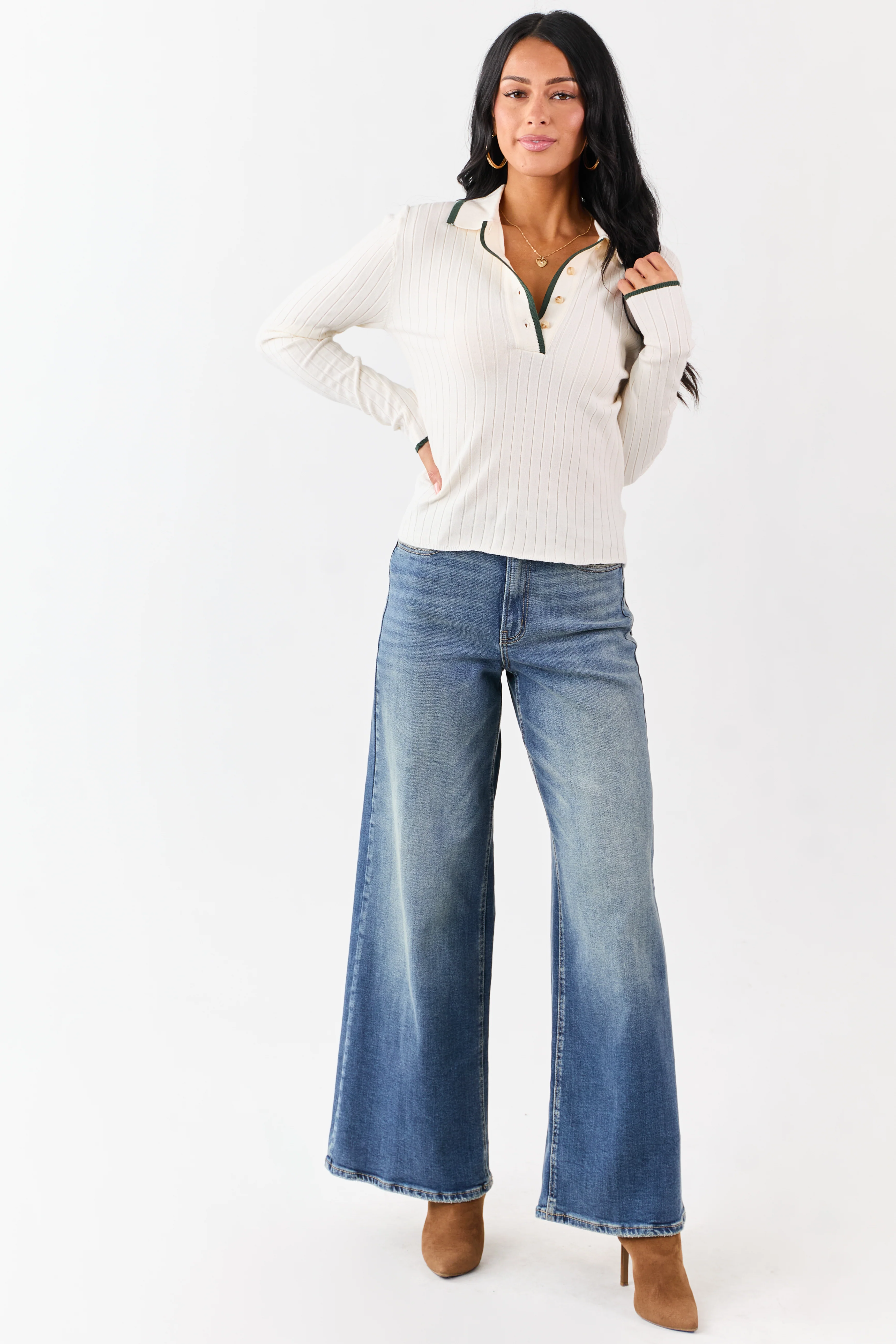 Cream Contrast Trim Polo Style Sweater Top - Image 2