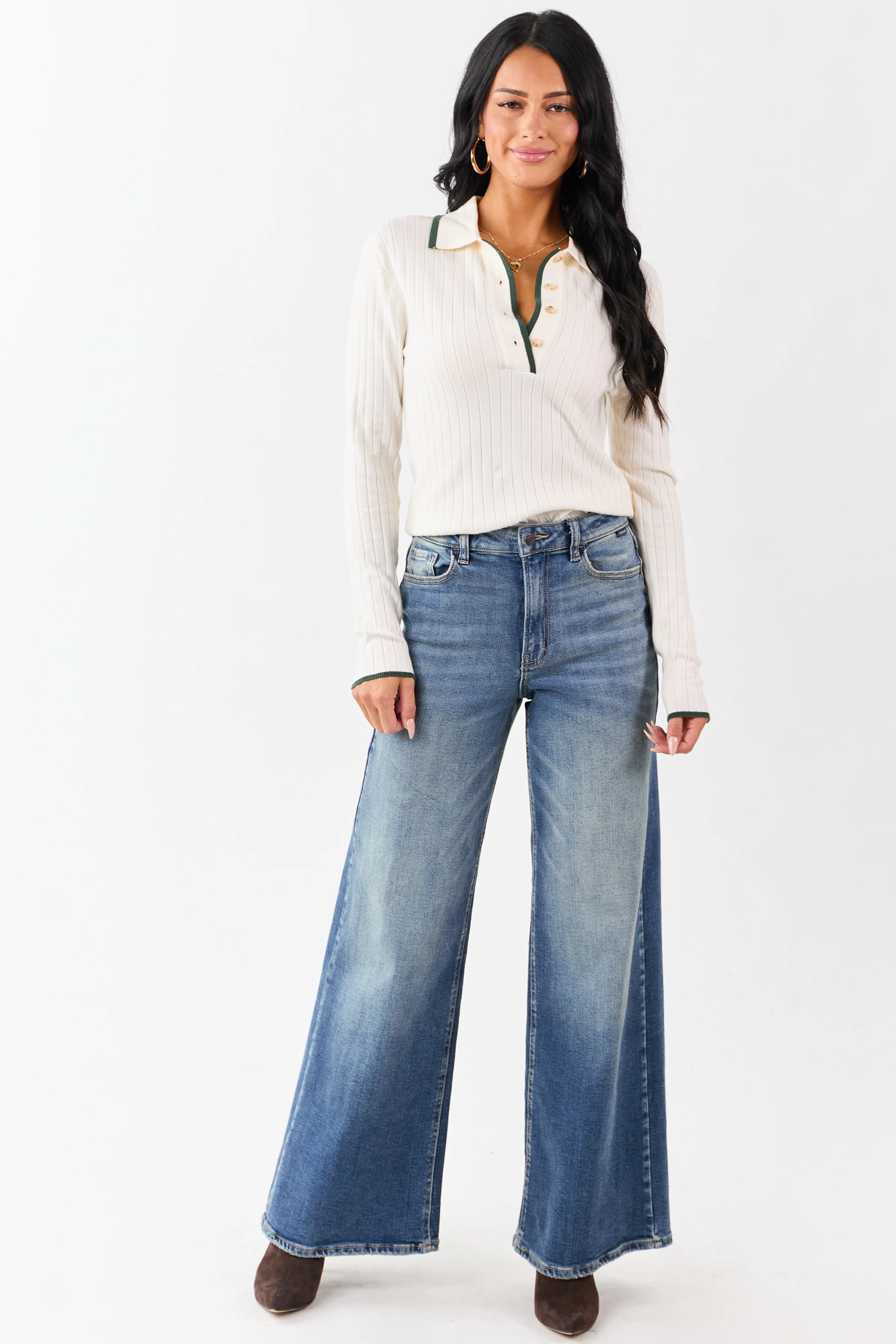 Cream Contrast Trim Polo Style Sweater Top - Image 3