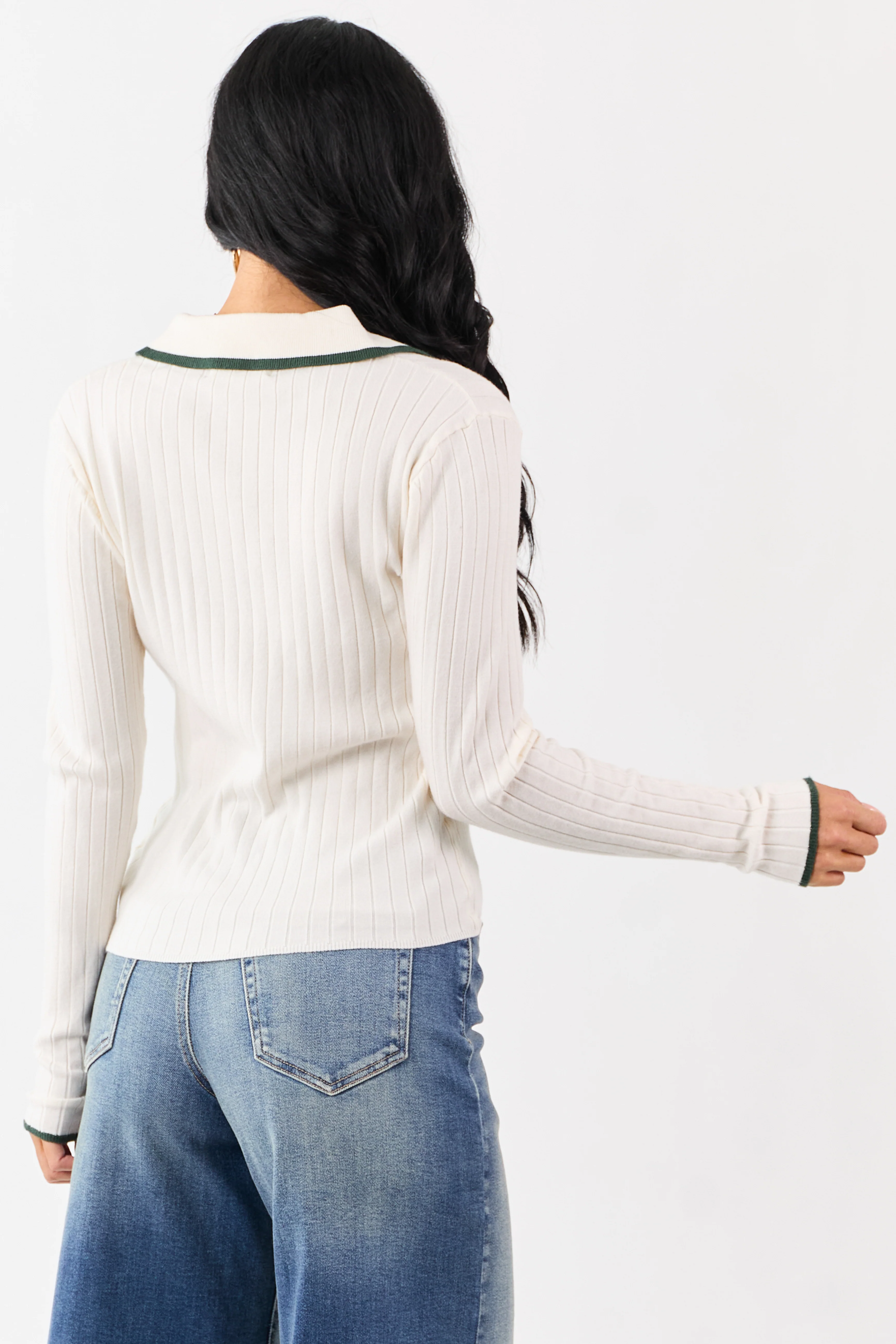 Cream Contrast Trim Polo Style Sweater Top - Image 5