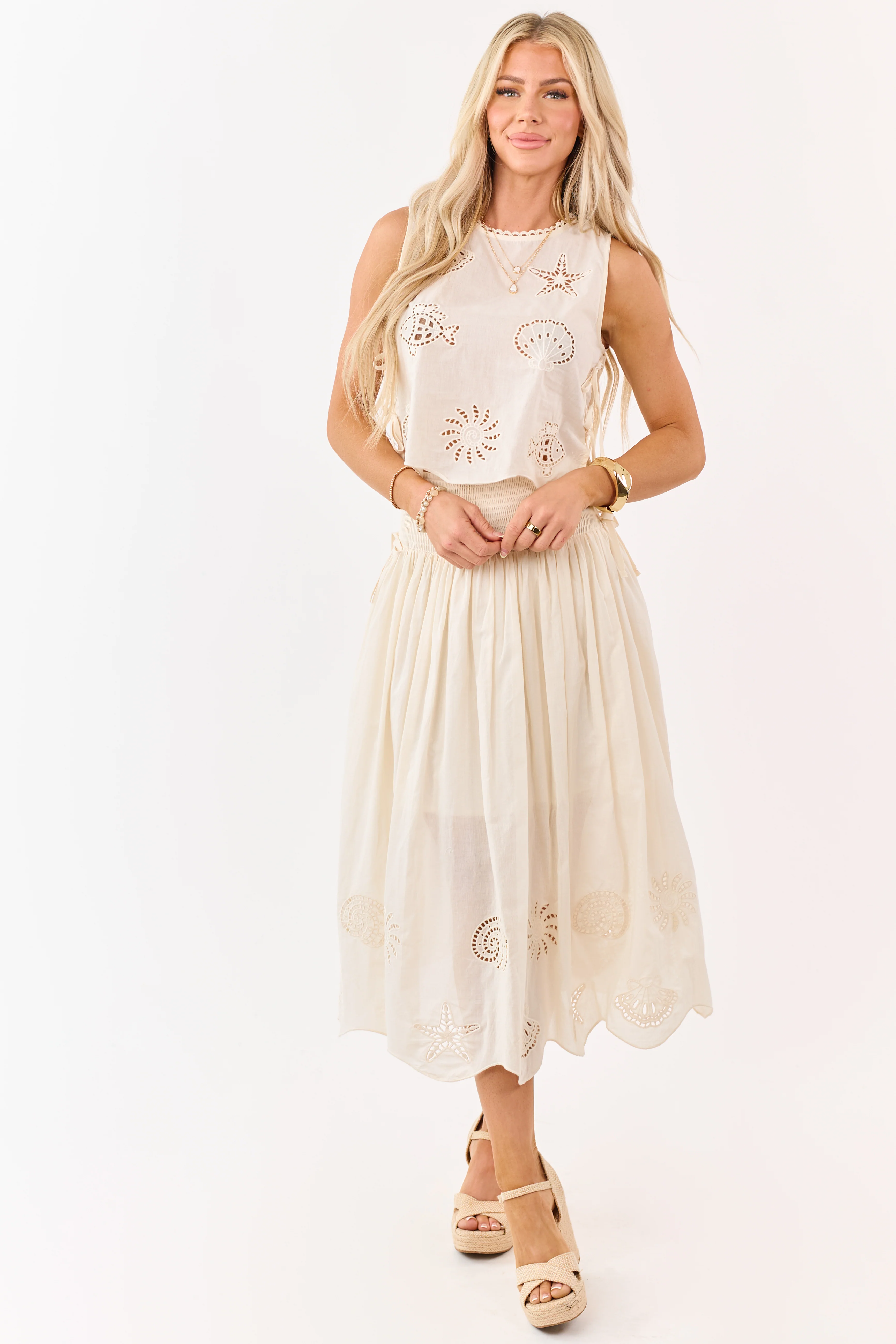 Cream Cotton Nautical Embroidered Hem Midi Skirt