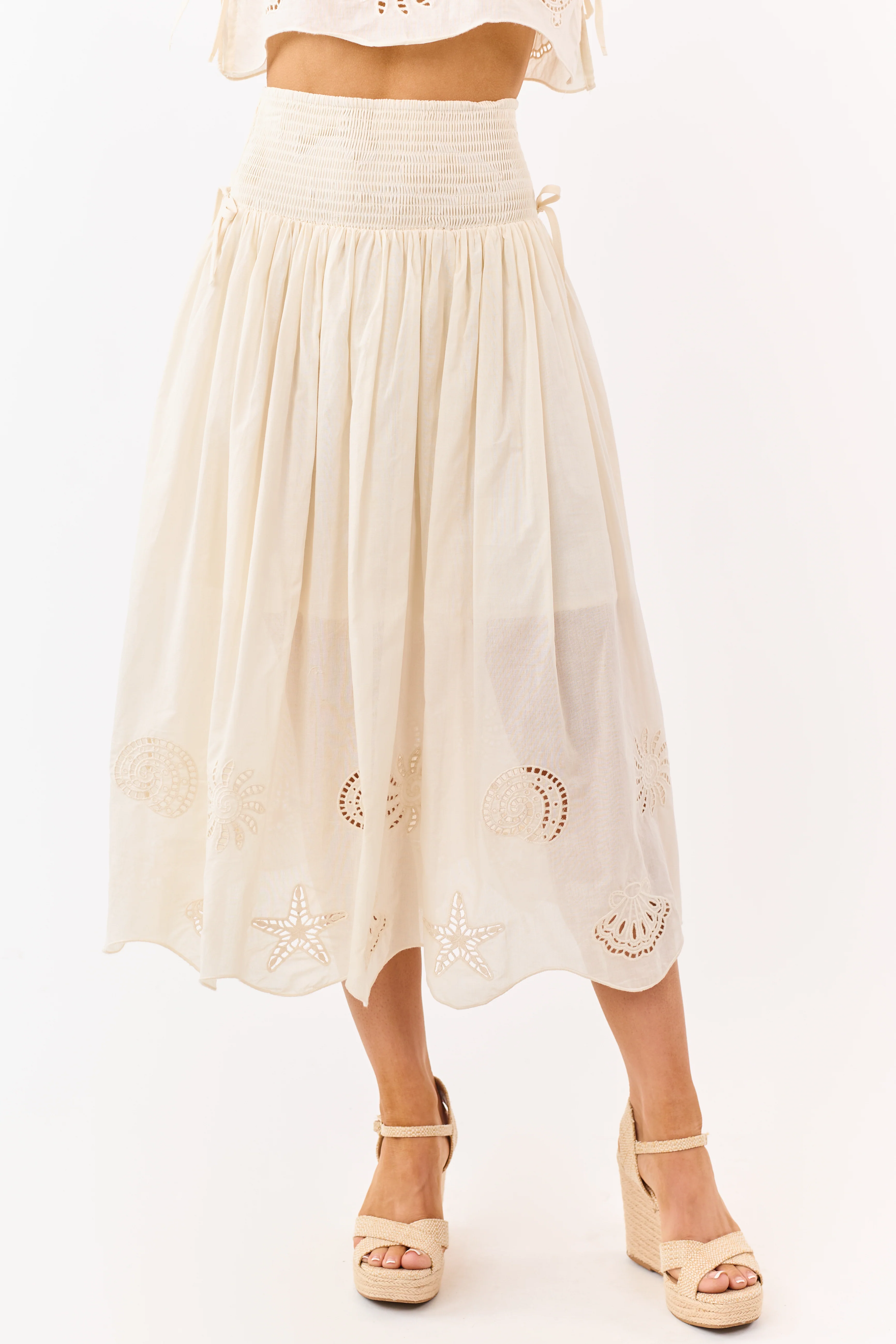 Cream Cotton Nautical Embroidered Hem Midi Skirt - Image 2
