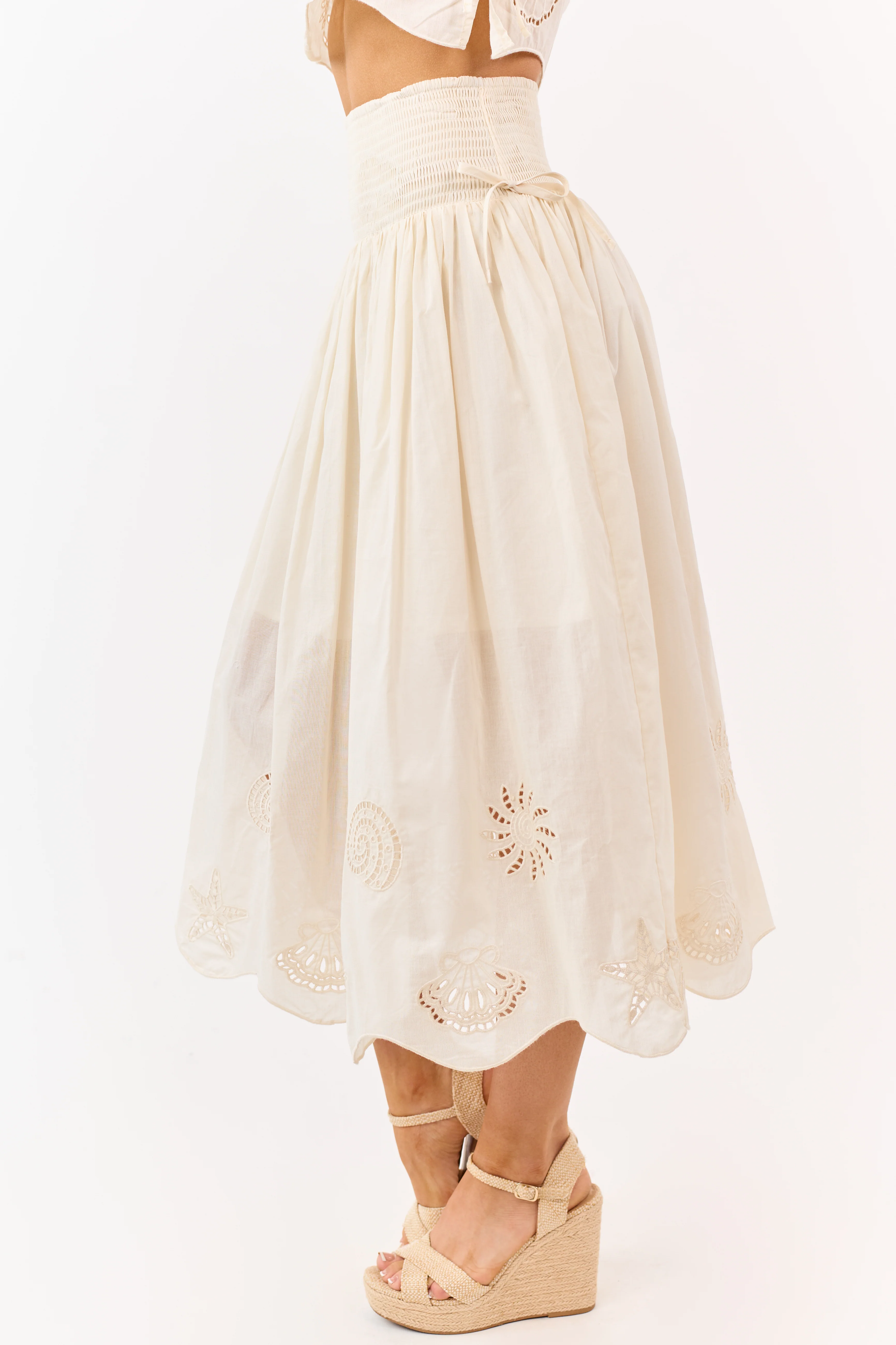 Cream Cotton Nautical Embroidered Hem Midi Skirt - Image 3