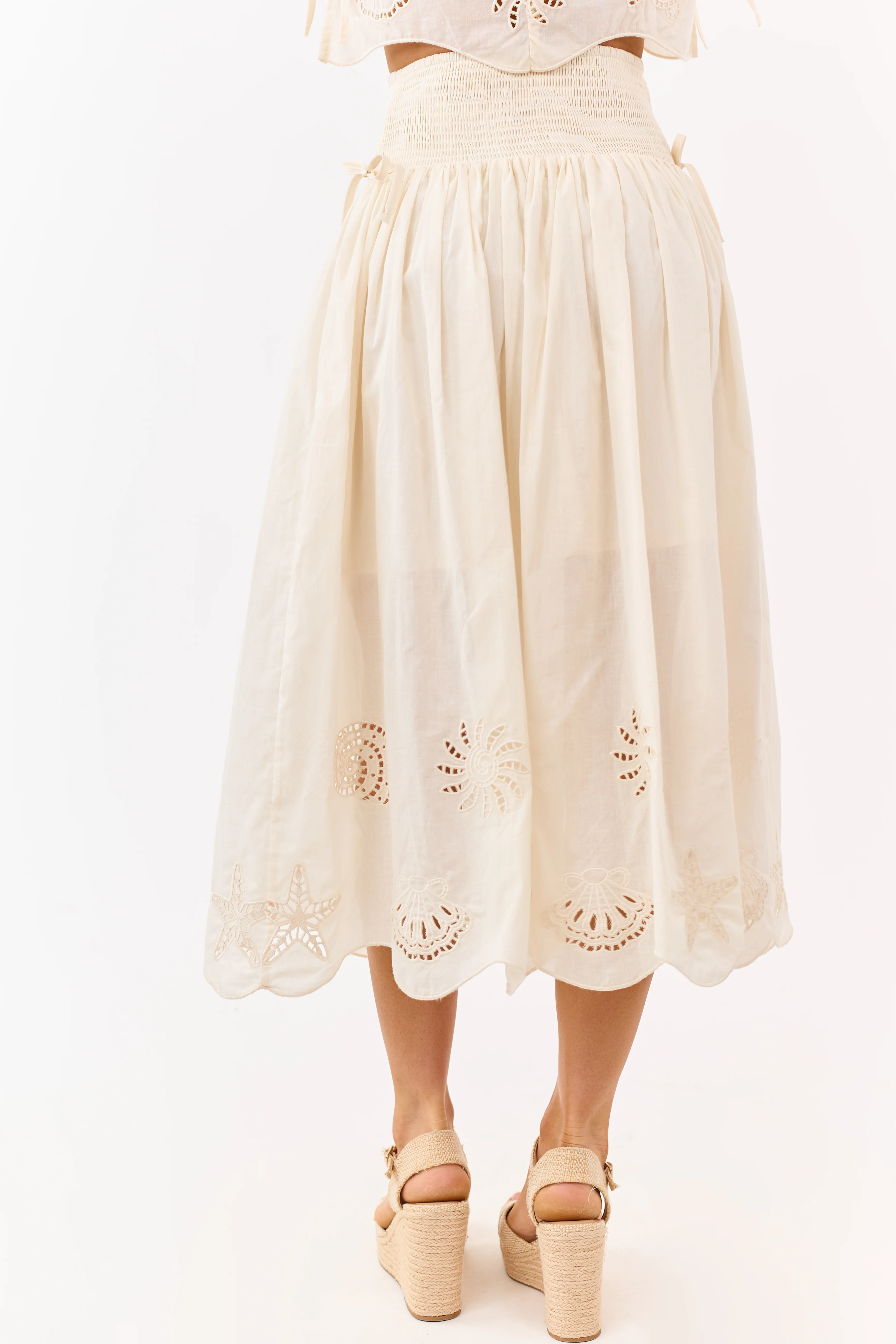 Cream Cotton Nautical Embroidered Hem Midi Skirt - Image 4