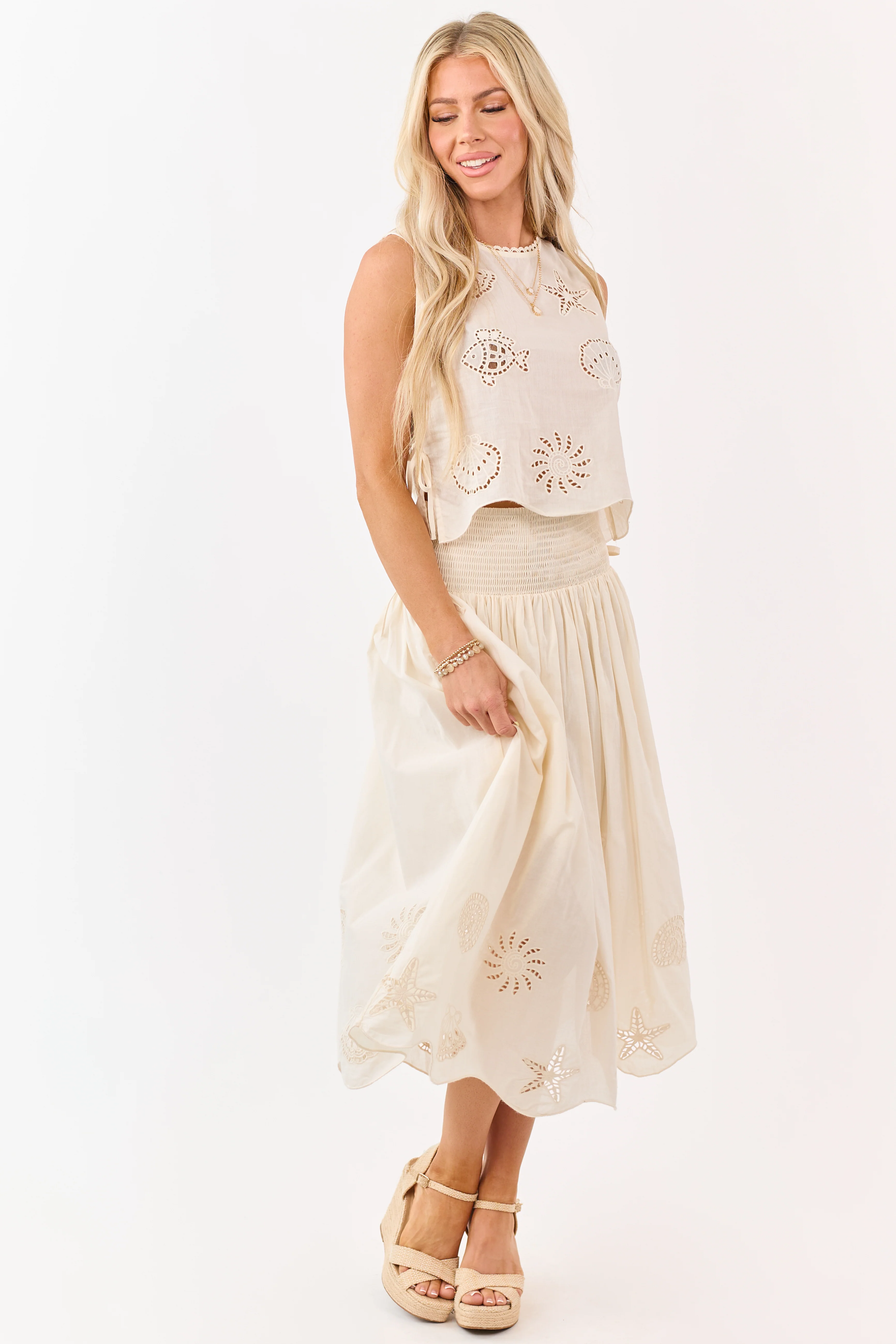 Cream Cotton Nautical Embroidered Hem Midi Skirt - Image 5