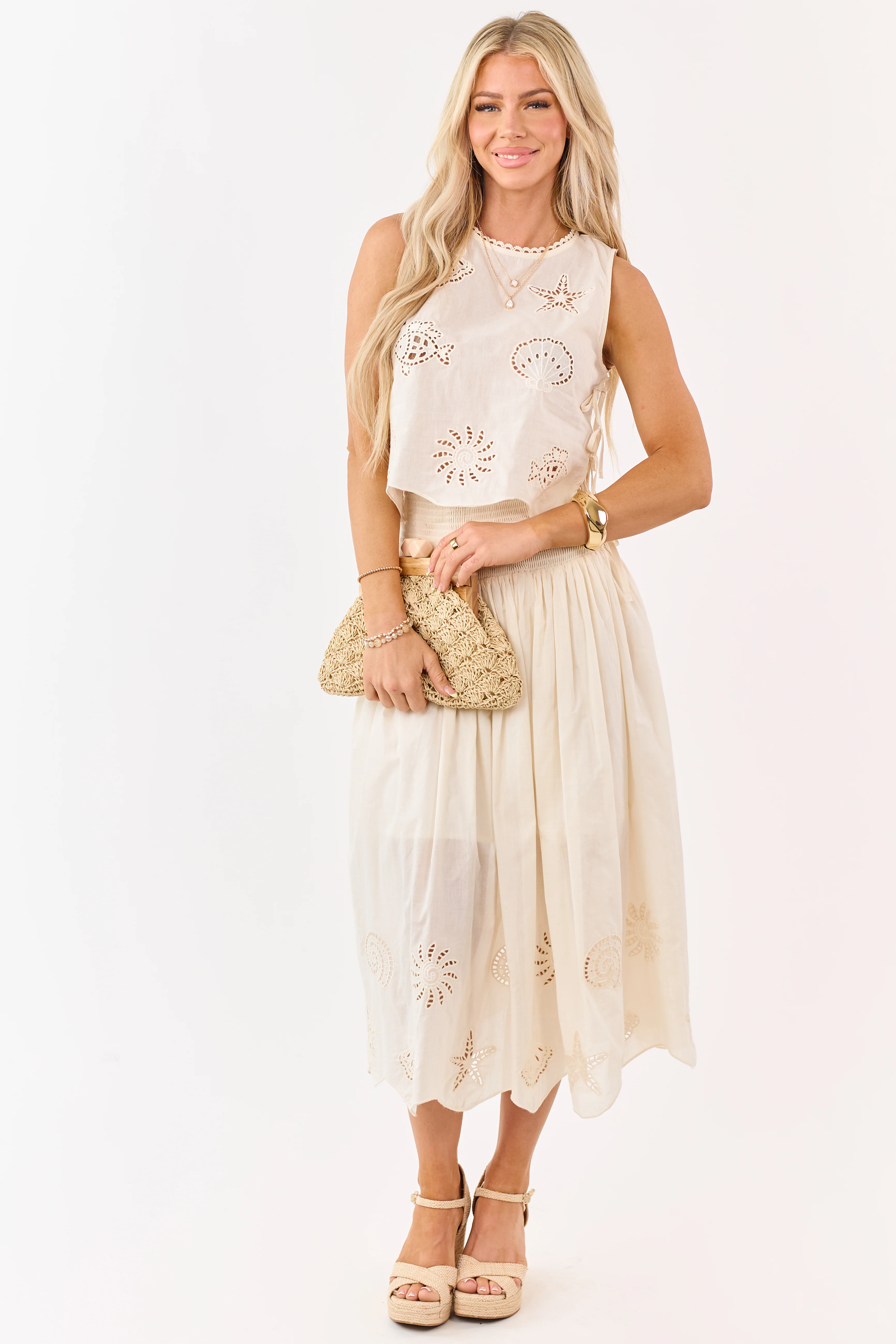 Cream Cotton Nautical Embroidered Hem Midi Skirt - Image 6