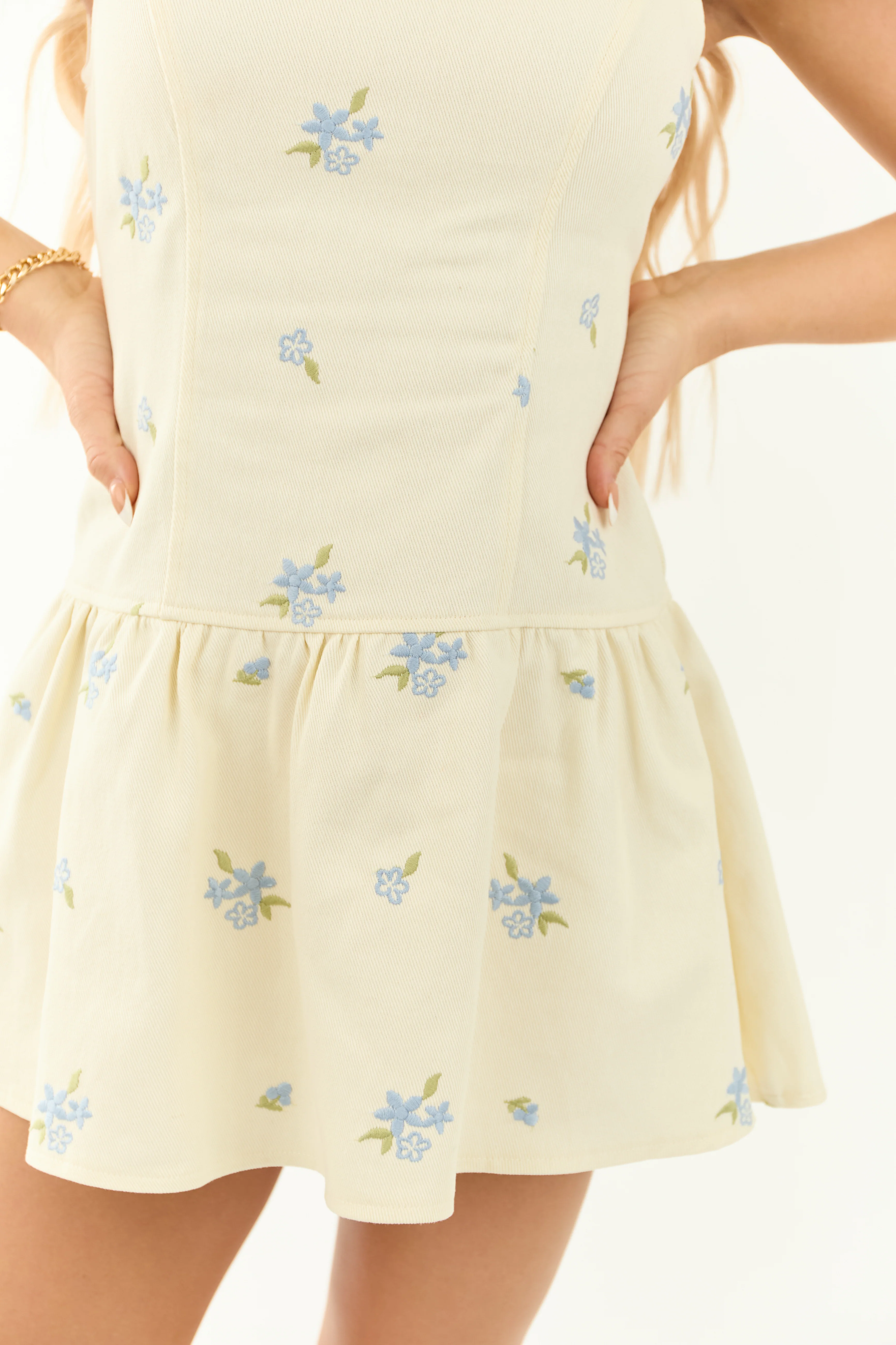 Cream Denim Floral Embroidered Drop Waist Mini Dress - Image 8