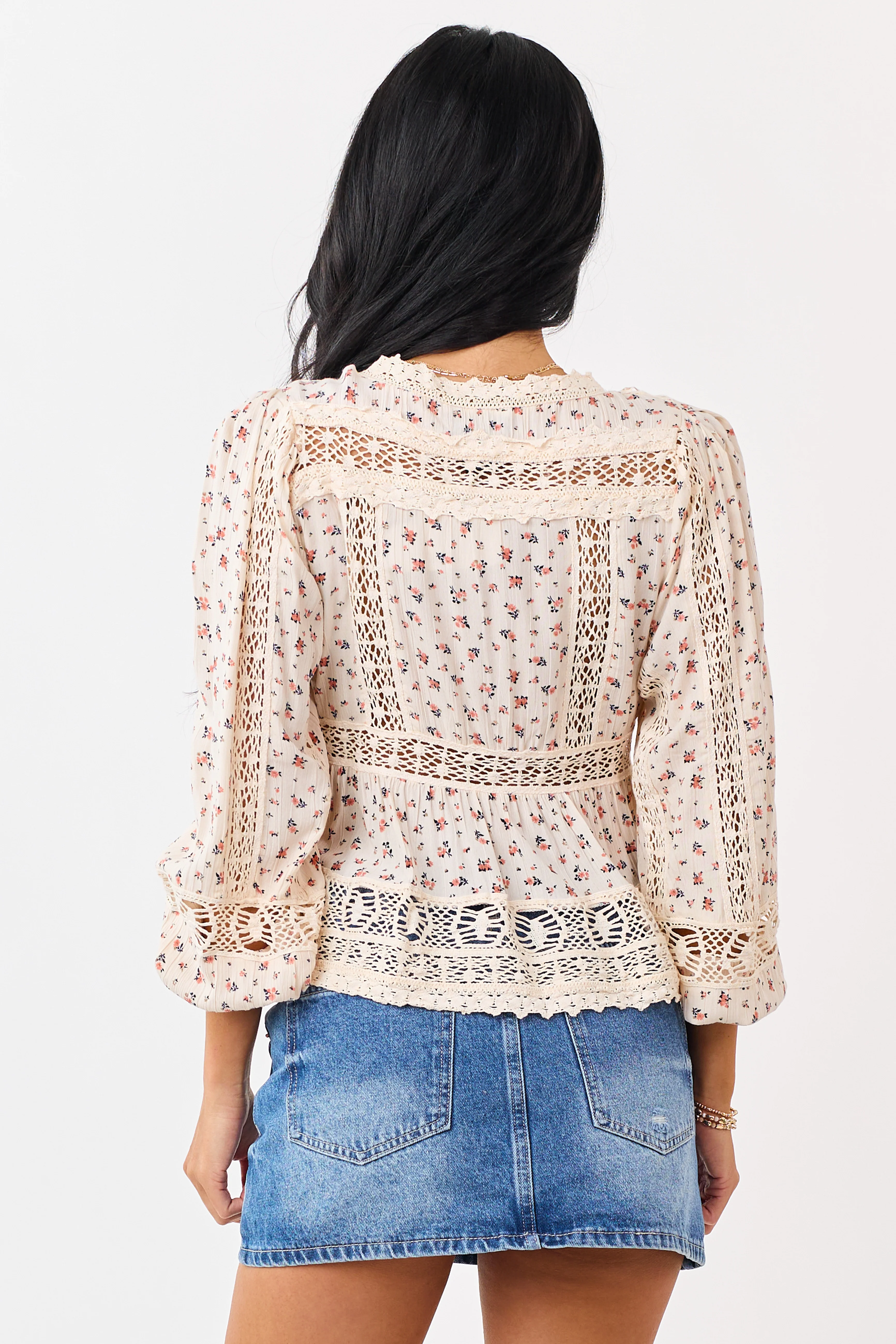 Cream Ditsy Floral Print Front Tie Lace Trim Top - Image 7