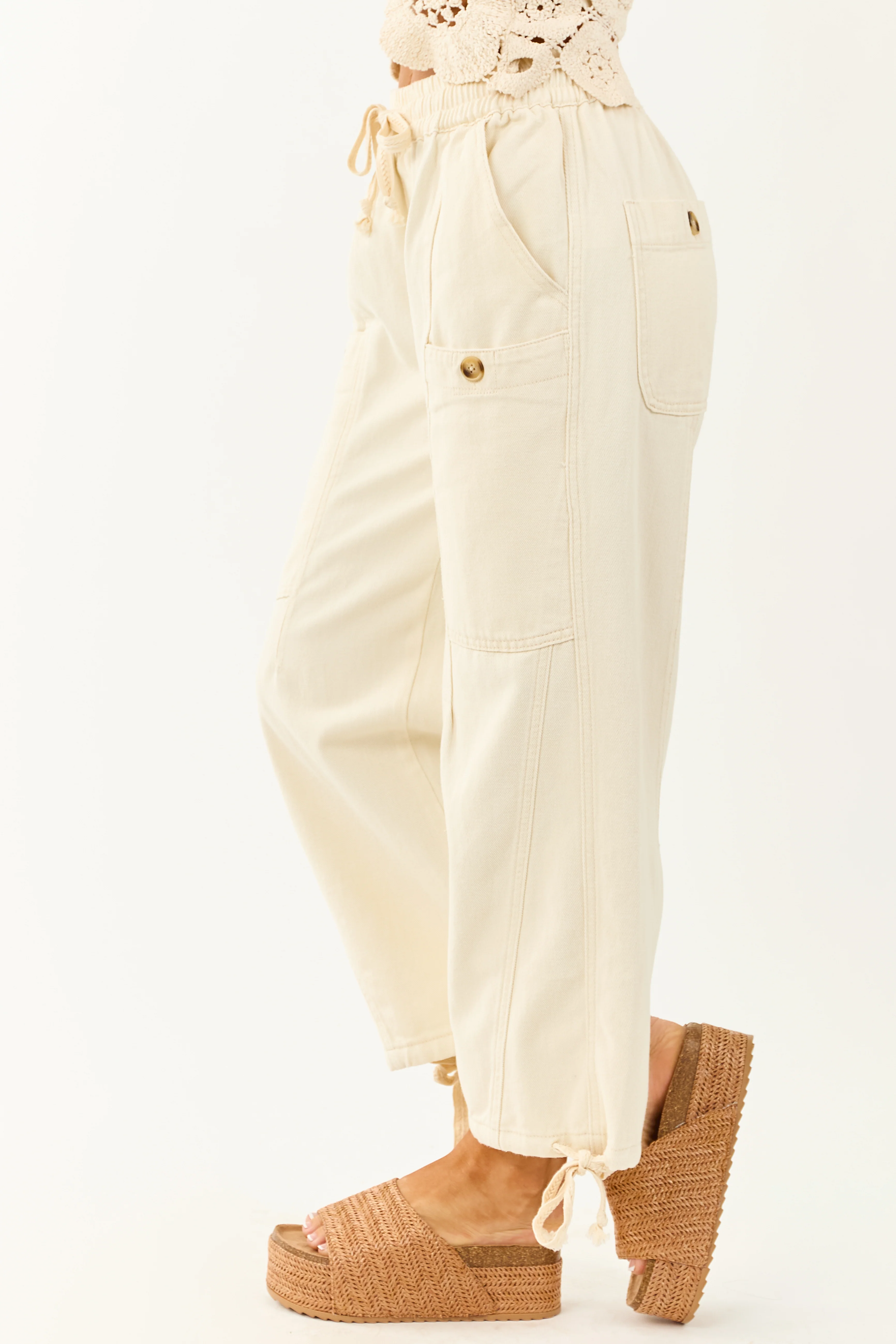 Cream Elastic Waist Relaxed Denim Cargo Pants - Image 3