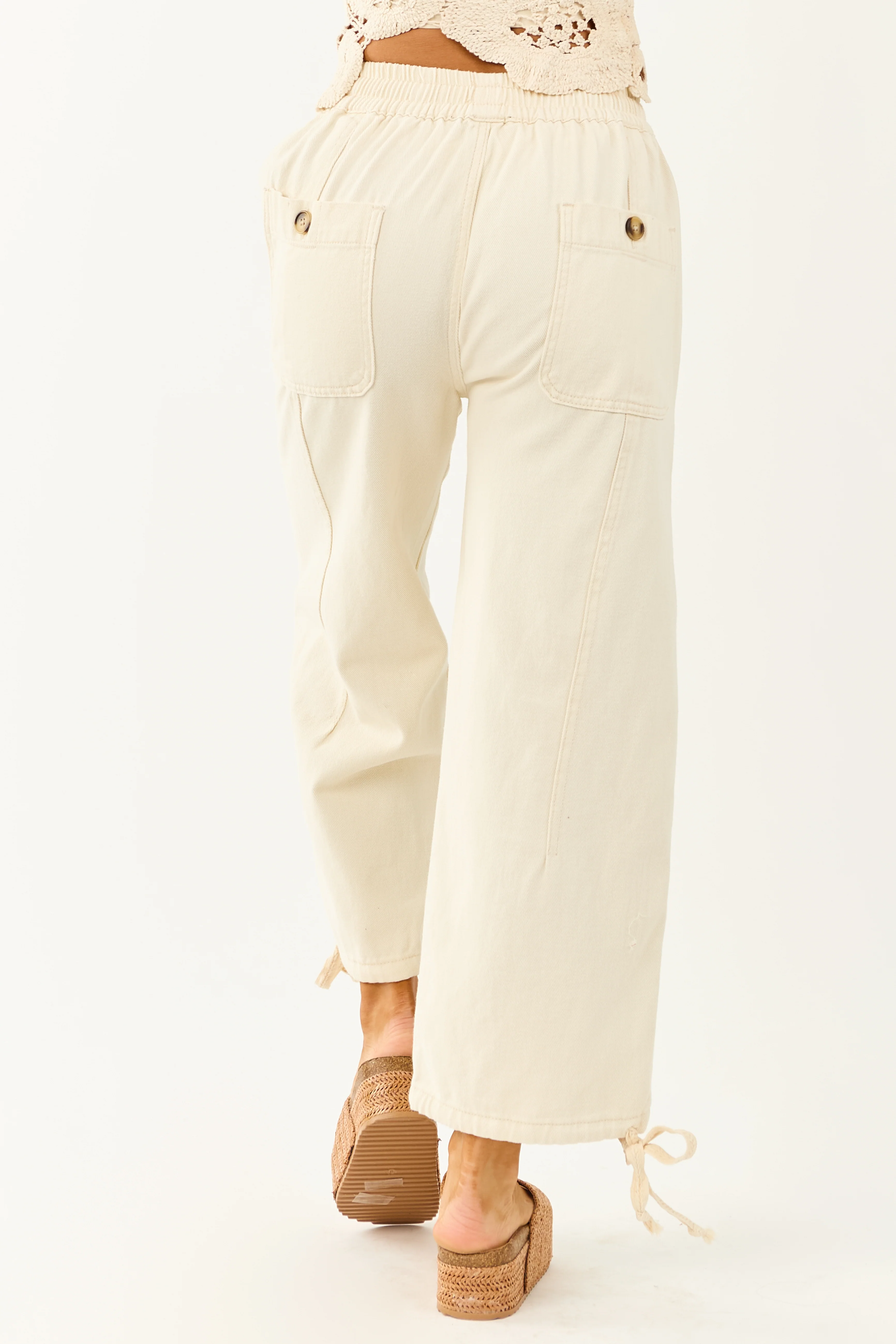 Cream Elastic Waist Relaxed Denim Cargo Pants - Image 4