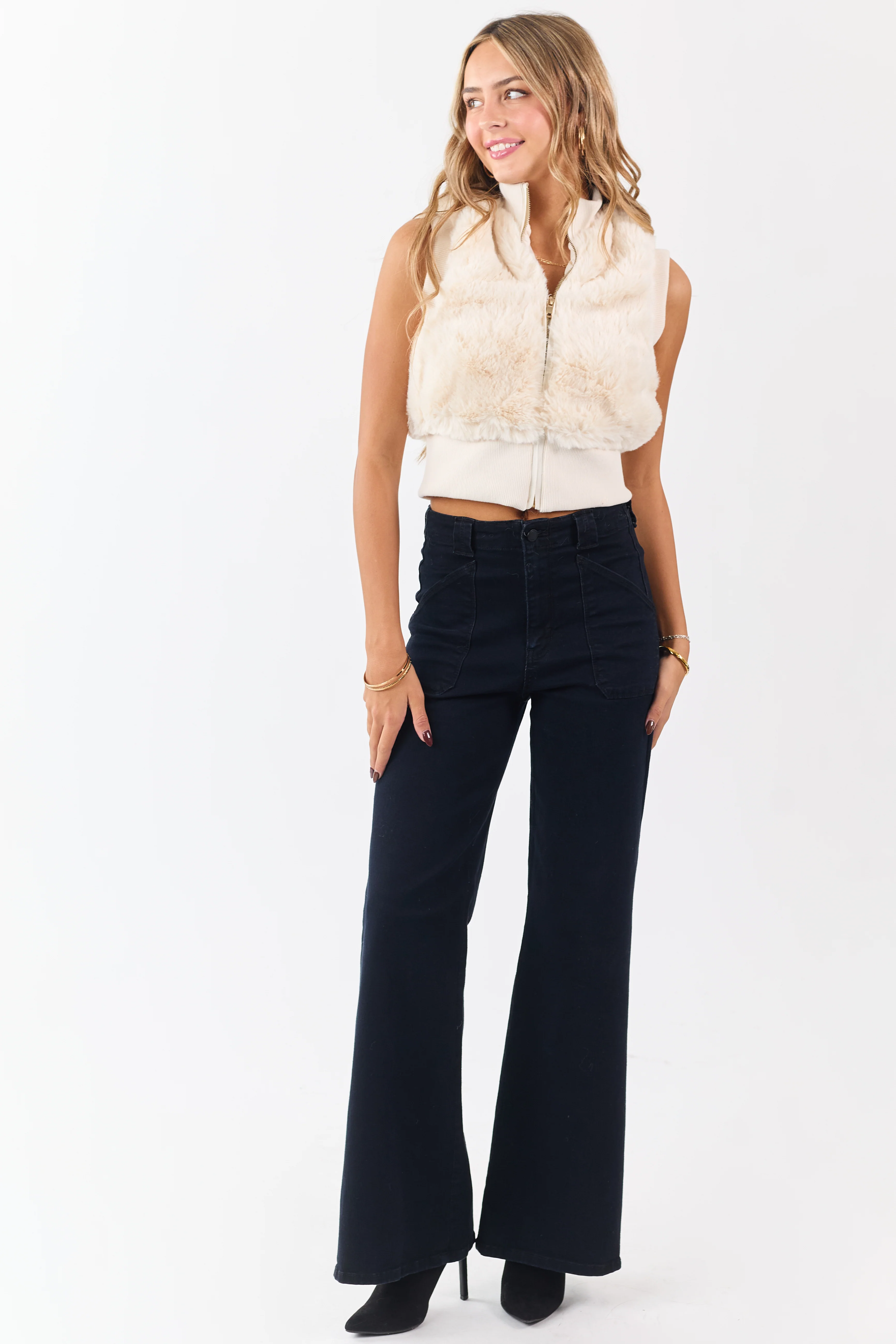 Cream Faux Fur Rib Knit Trim Zip Up Vest - Image 2