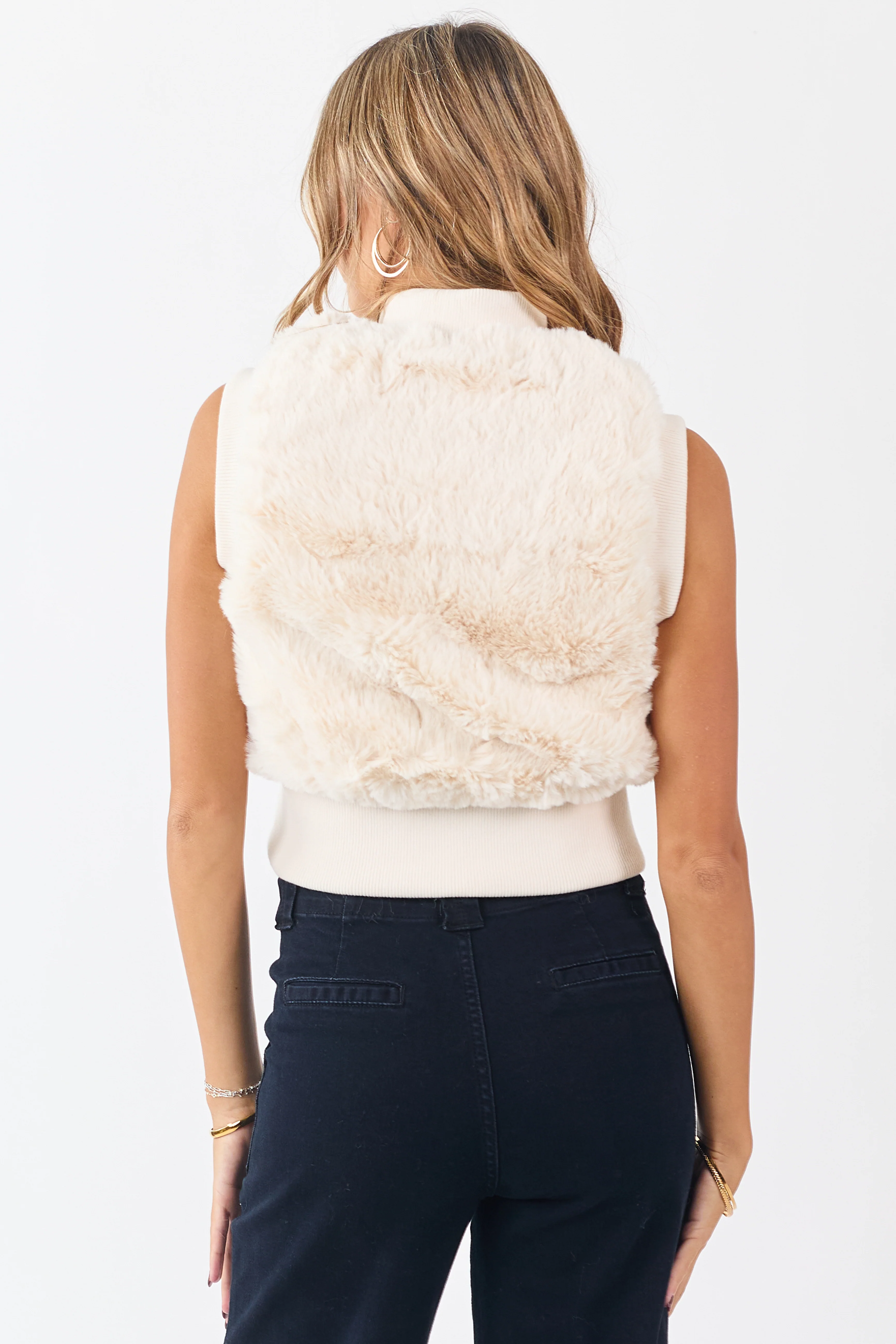 Cream Faux Fur Rib Knit Trim Zip Up Vest - Image 5