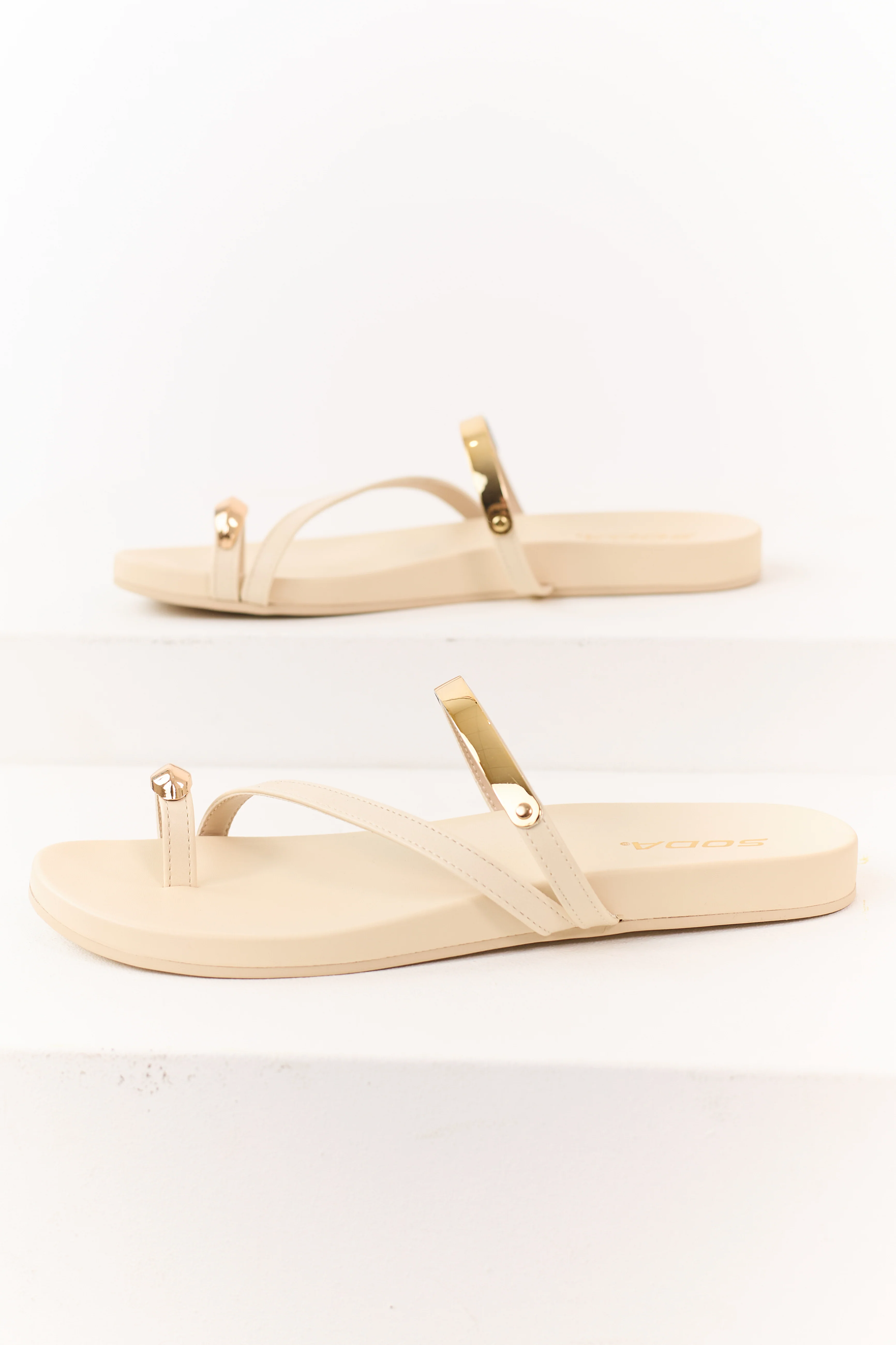 Cream Faux Leather Gold Toe Strap Sandals - Image 2