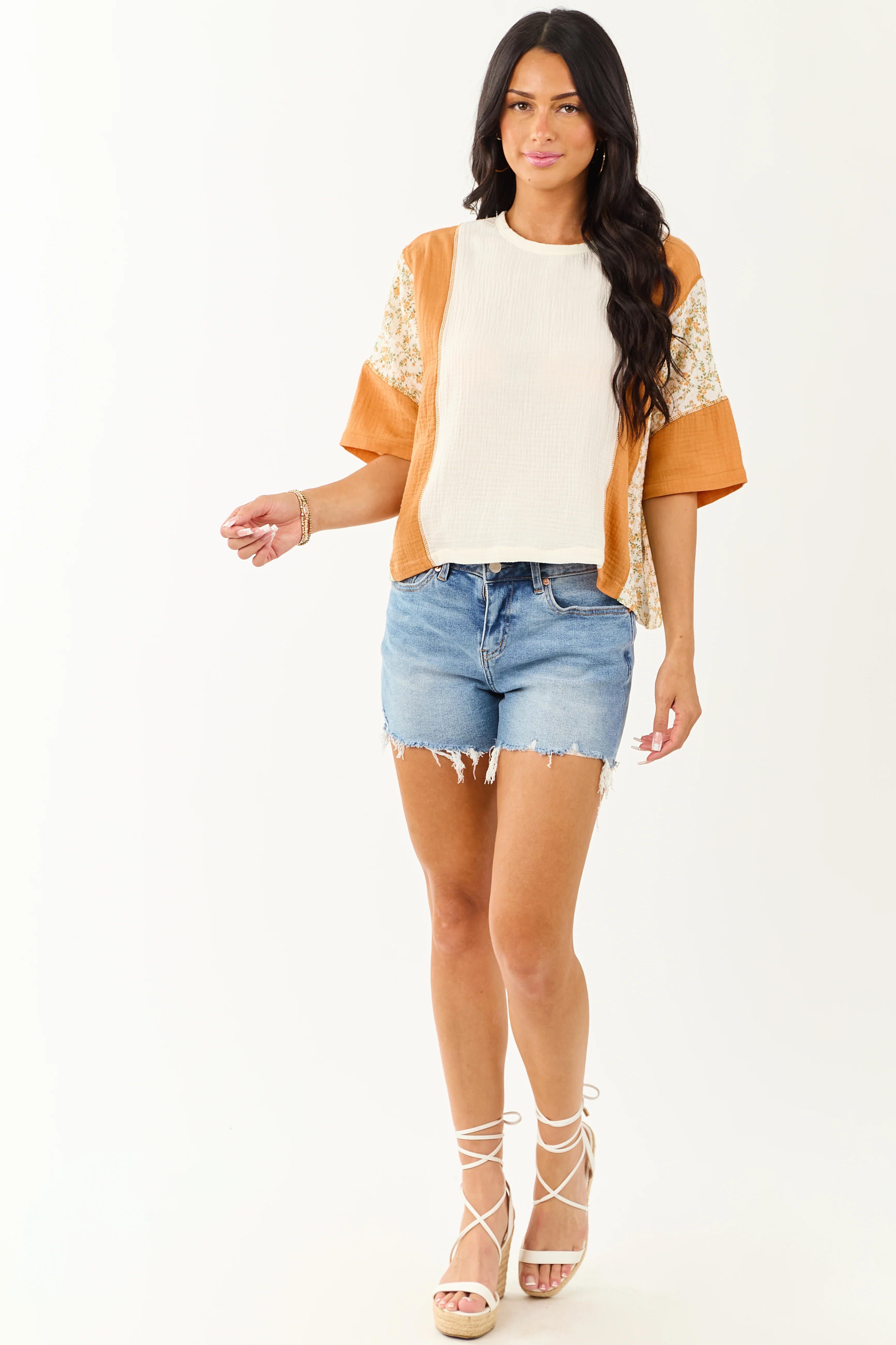 Cream Floral Colorblock Relaxed Cotton Gauze Top - Image 2