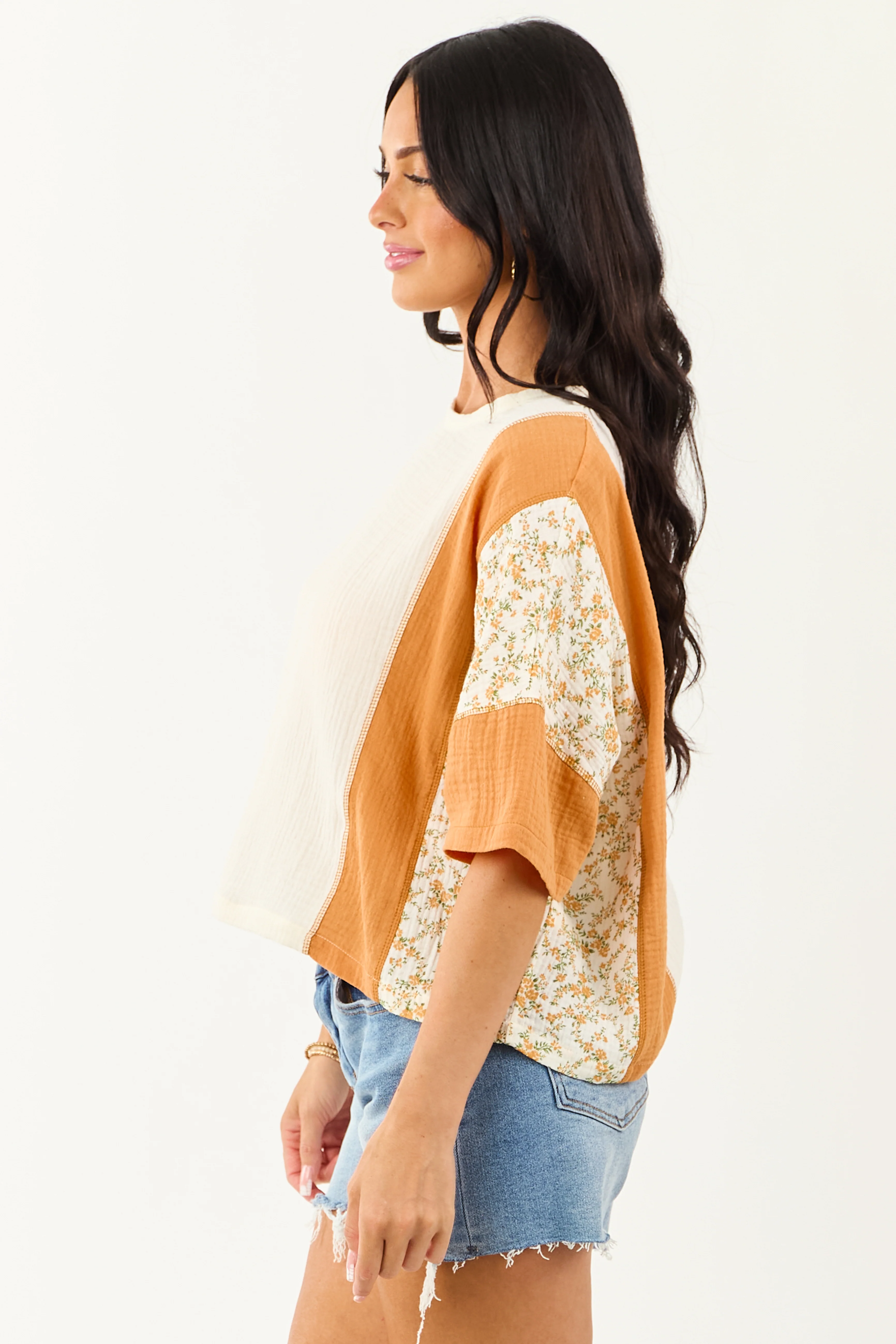 Cream Floral Colorblock Relaxed Cotton Gauze Top - Image 4