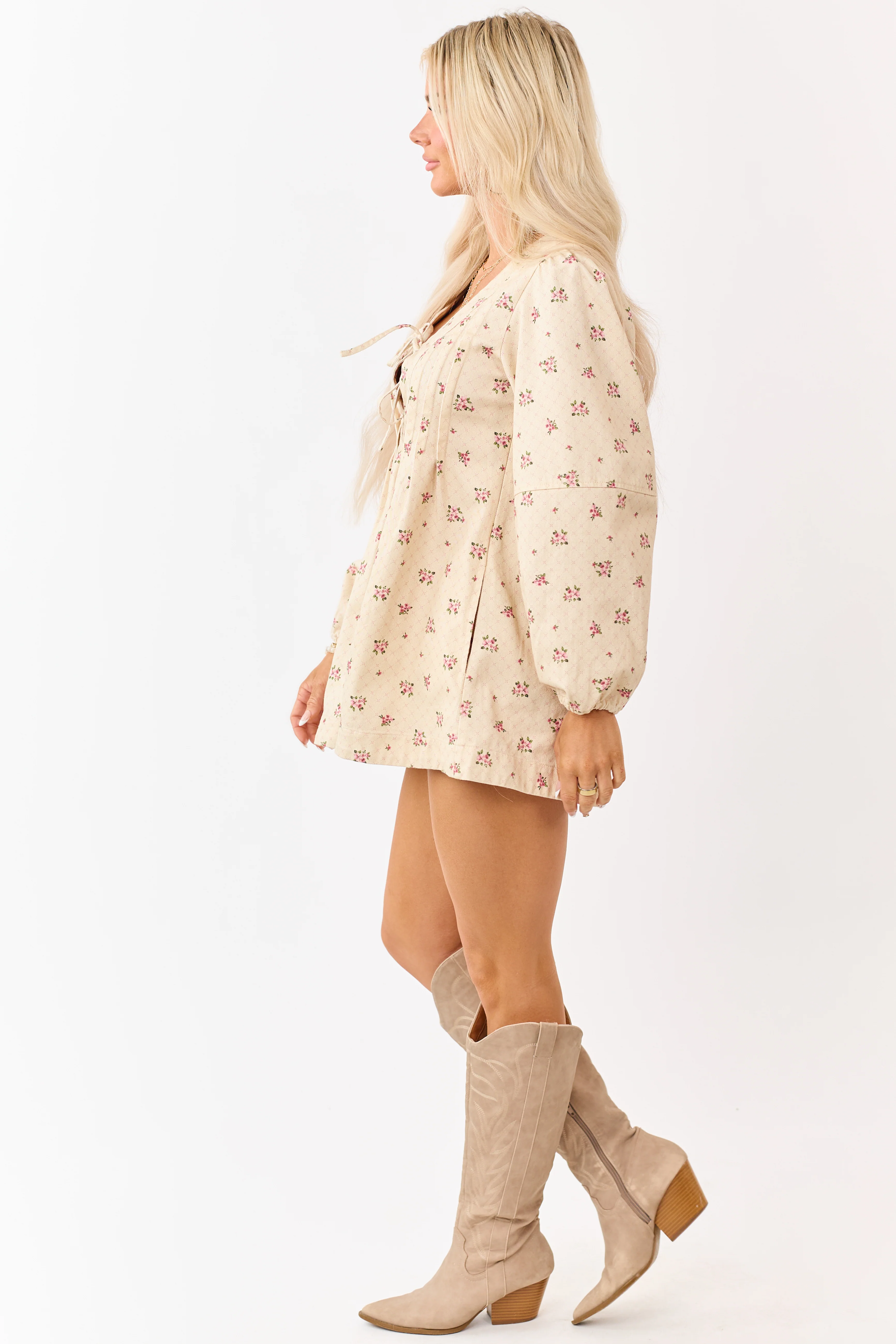 Cream Floral Denim Pintuck Long Sleeve Romper - Image 5