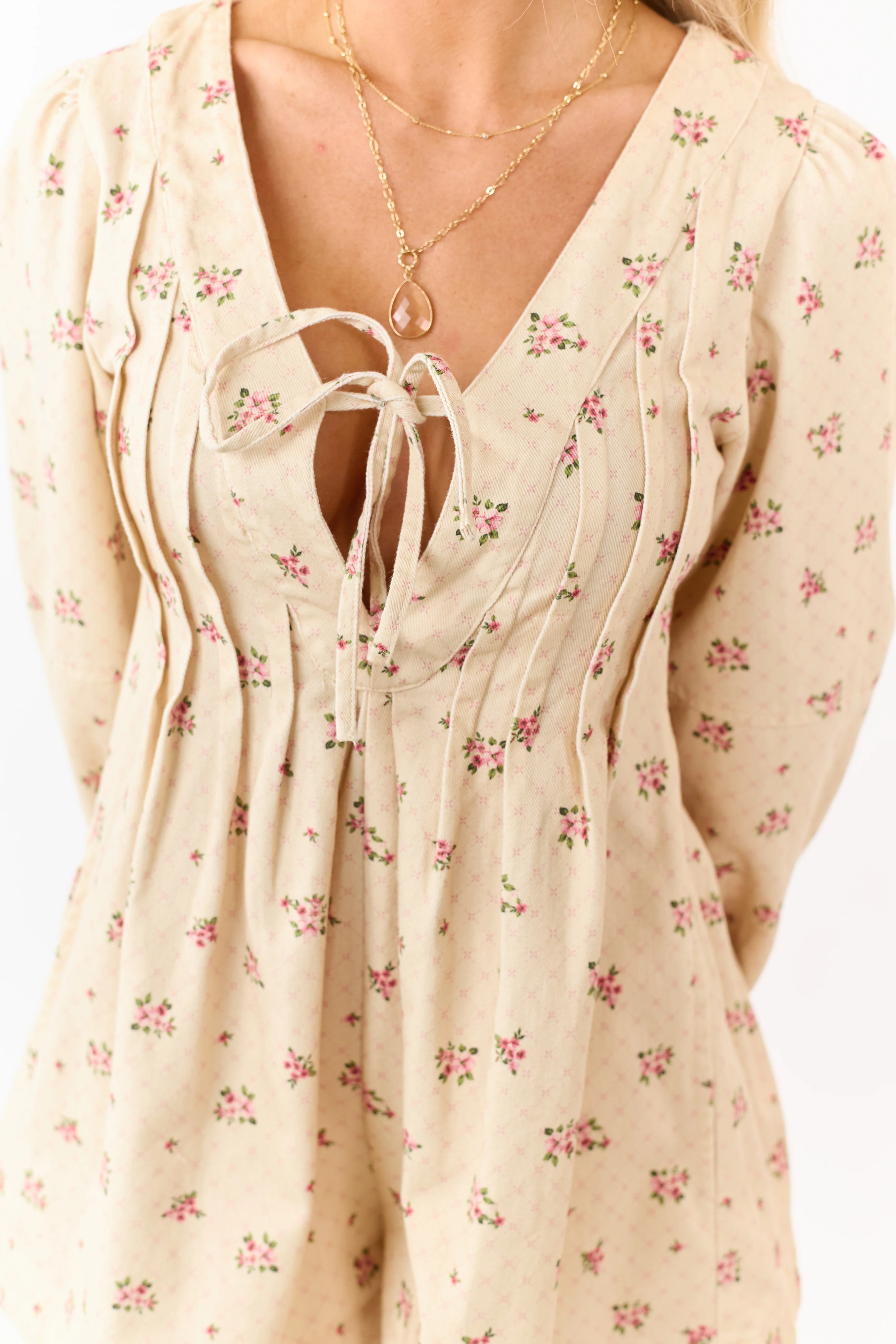 Cream Floral Denim Pintuck Long Sleeve Romper - Image 7