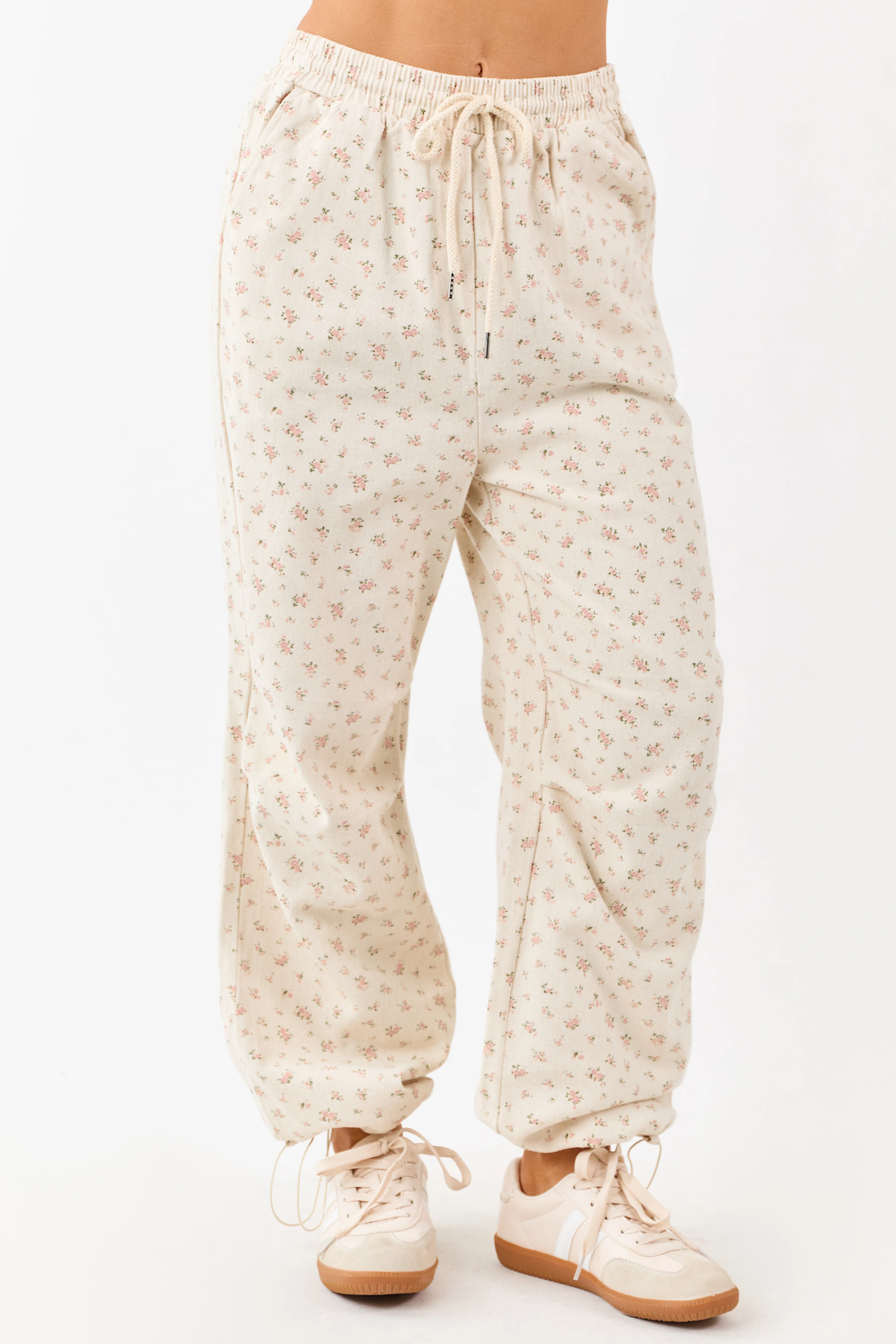 Cream Floral Drawstring Waist Denim Parachute Pants - Image 2