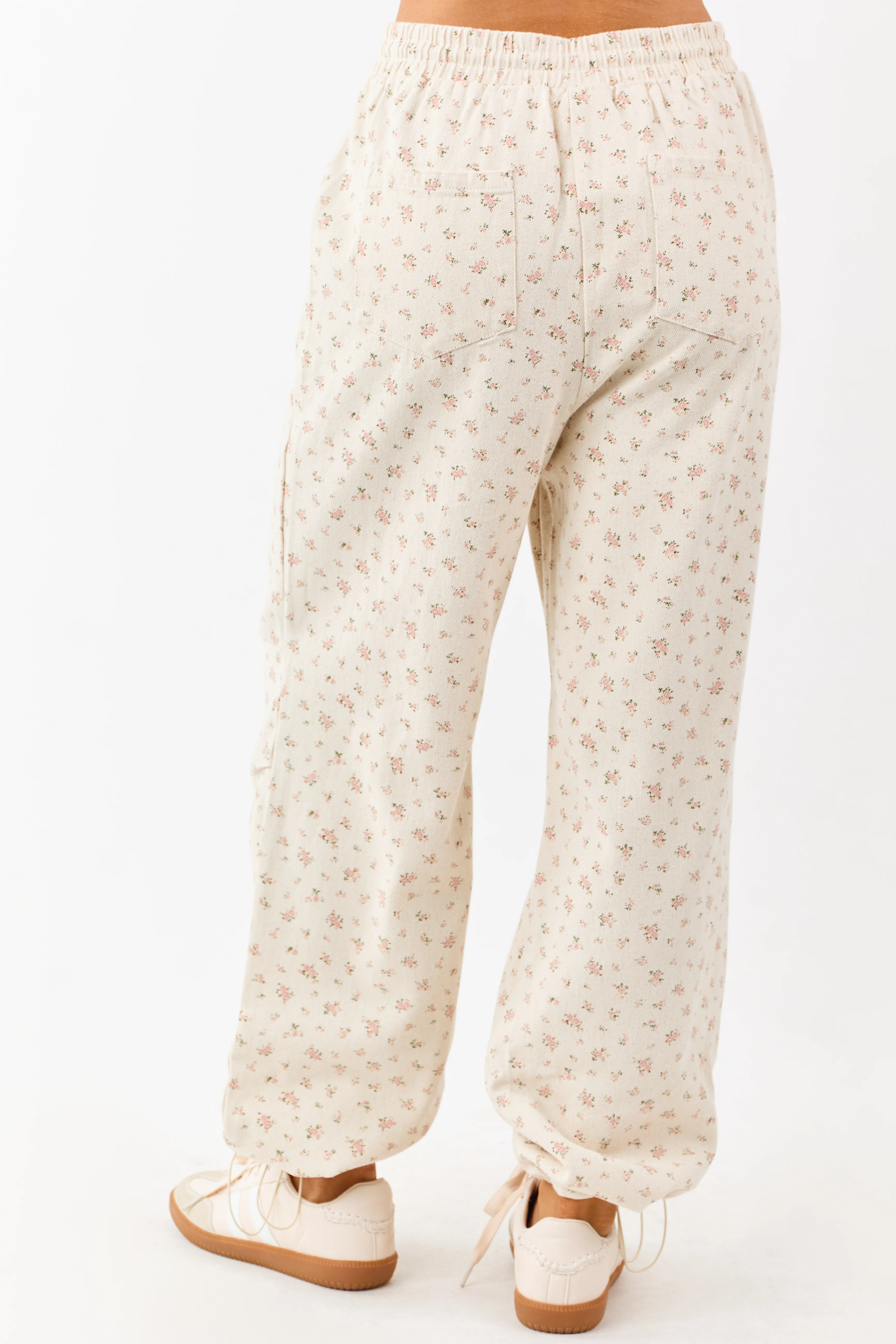 Cream Floral Drawstring Waist Denim Parachute Pants - Image 4