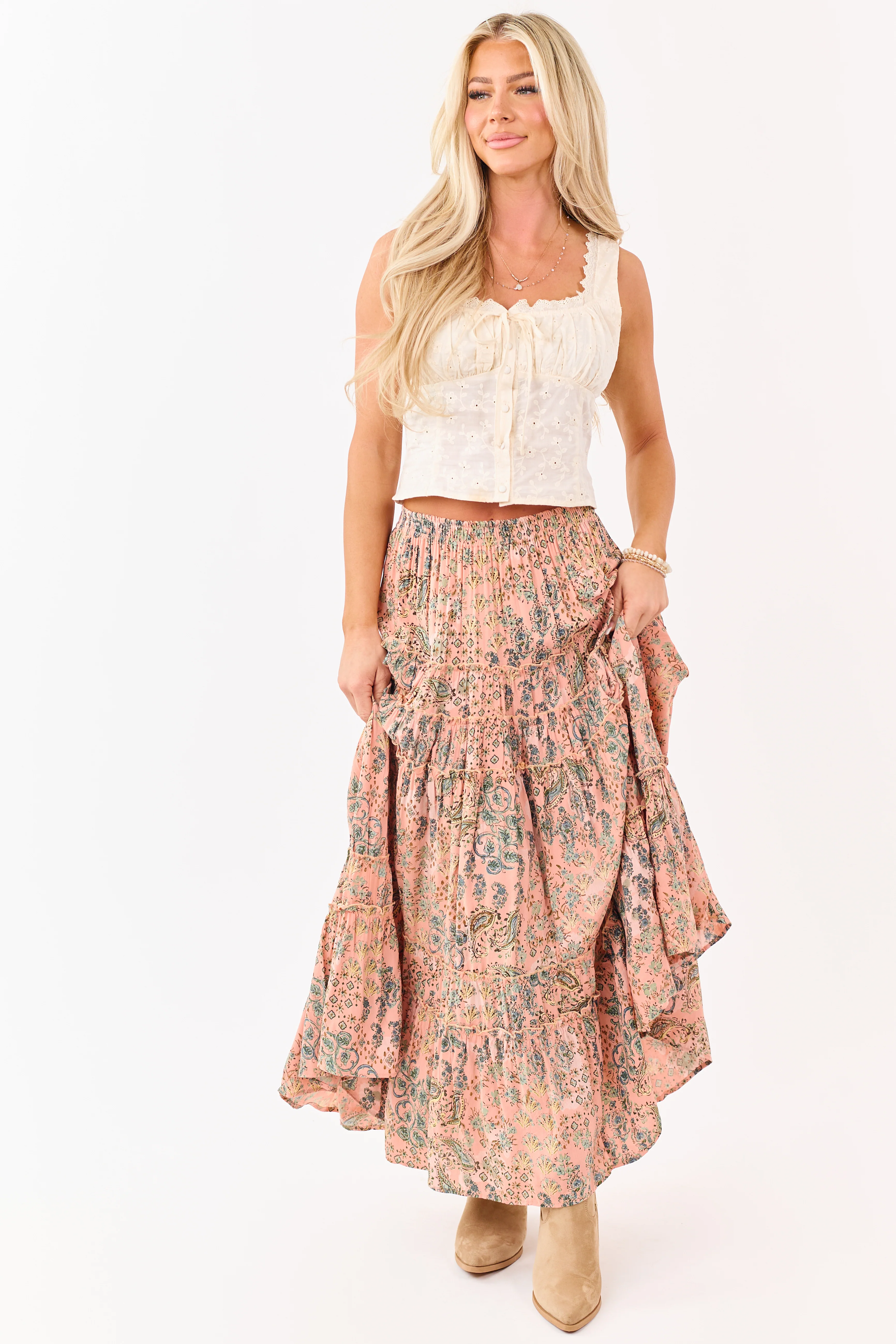 Cream Floral Eyelet Cotton Cropped Tank Top - Image 2