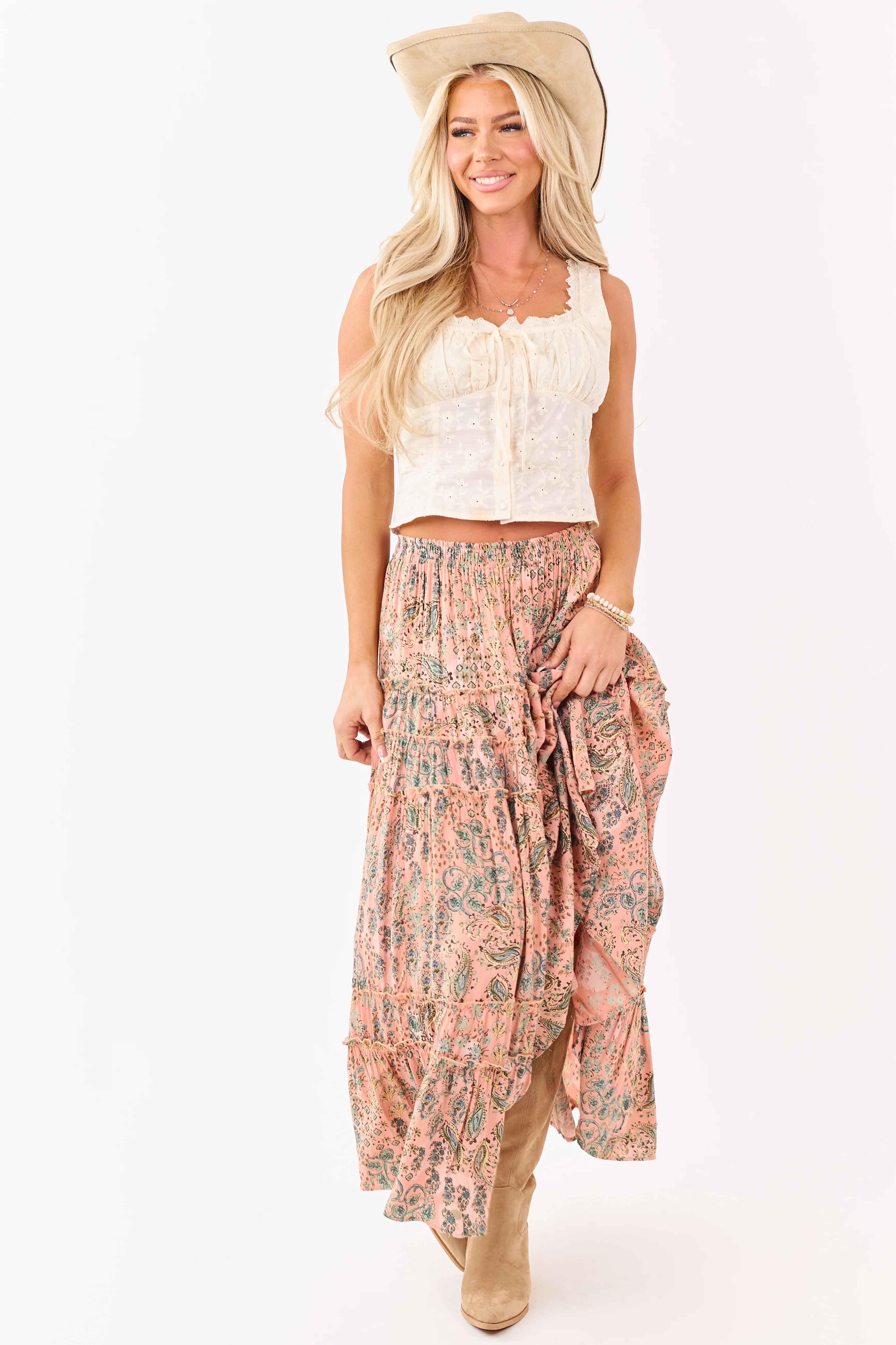 Cream Floral Eyelet Cotton Cropped Tank Top - Image 3
