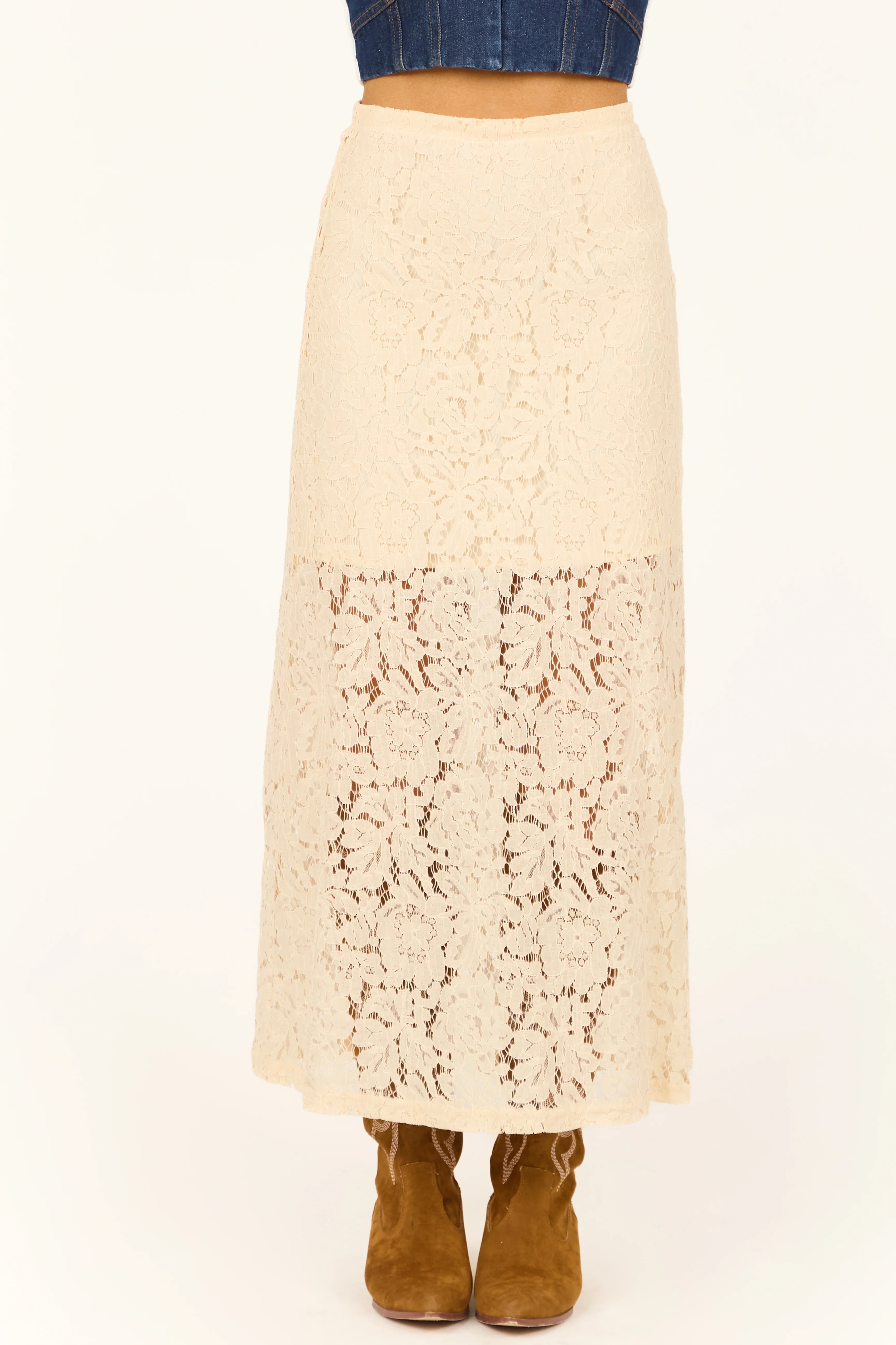 Cream Floral Lace Pencil Maxi Skirt - Image 2