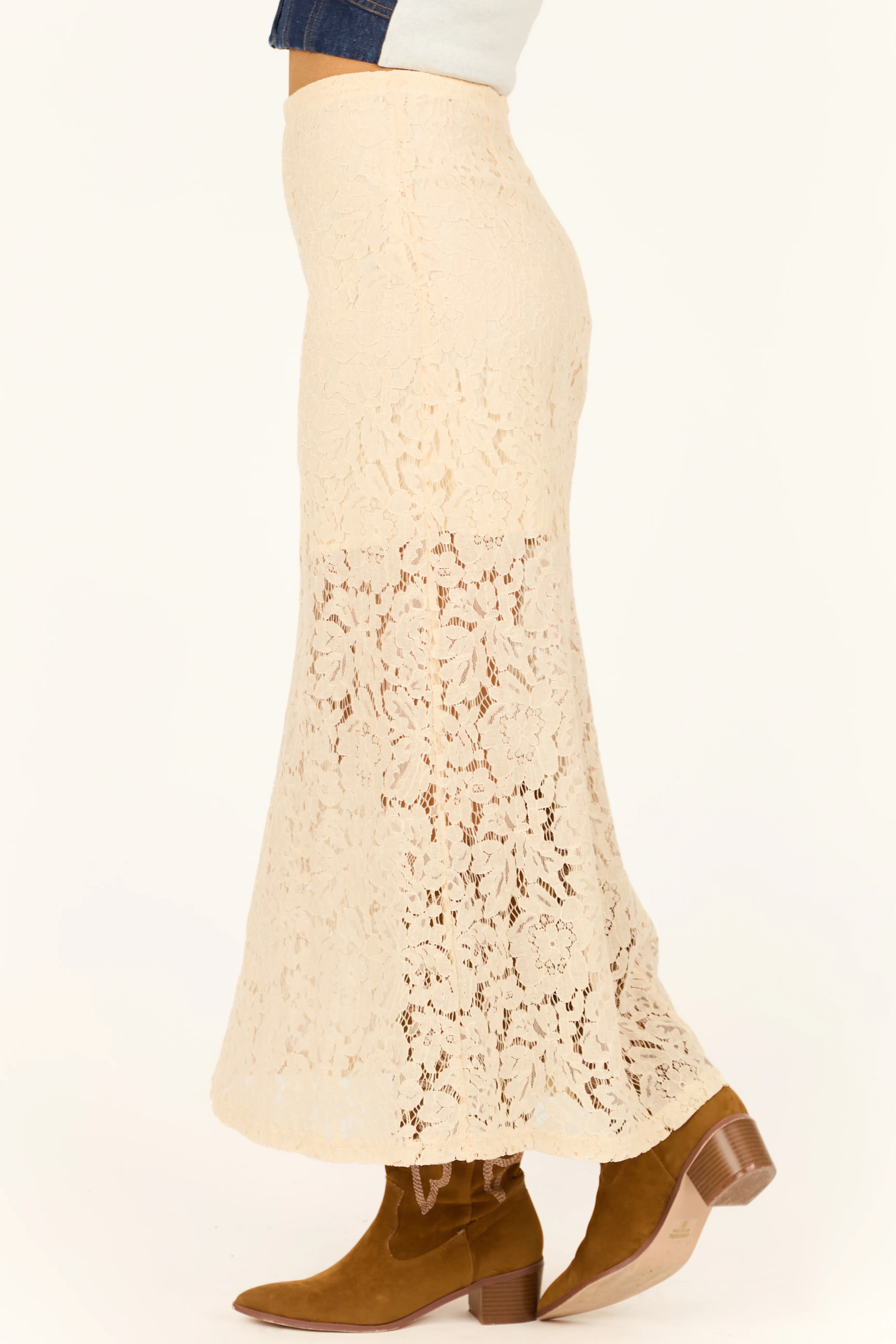 Cream Floral Lace Pencil Maxi Skirt - Image 3