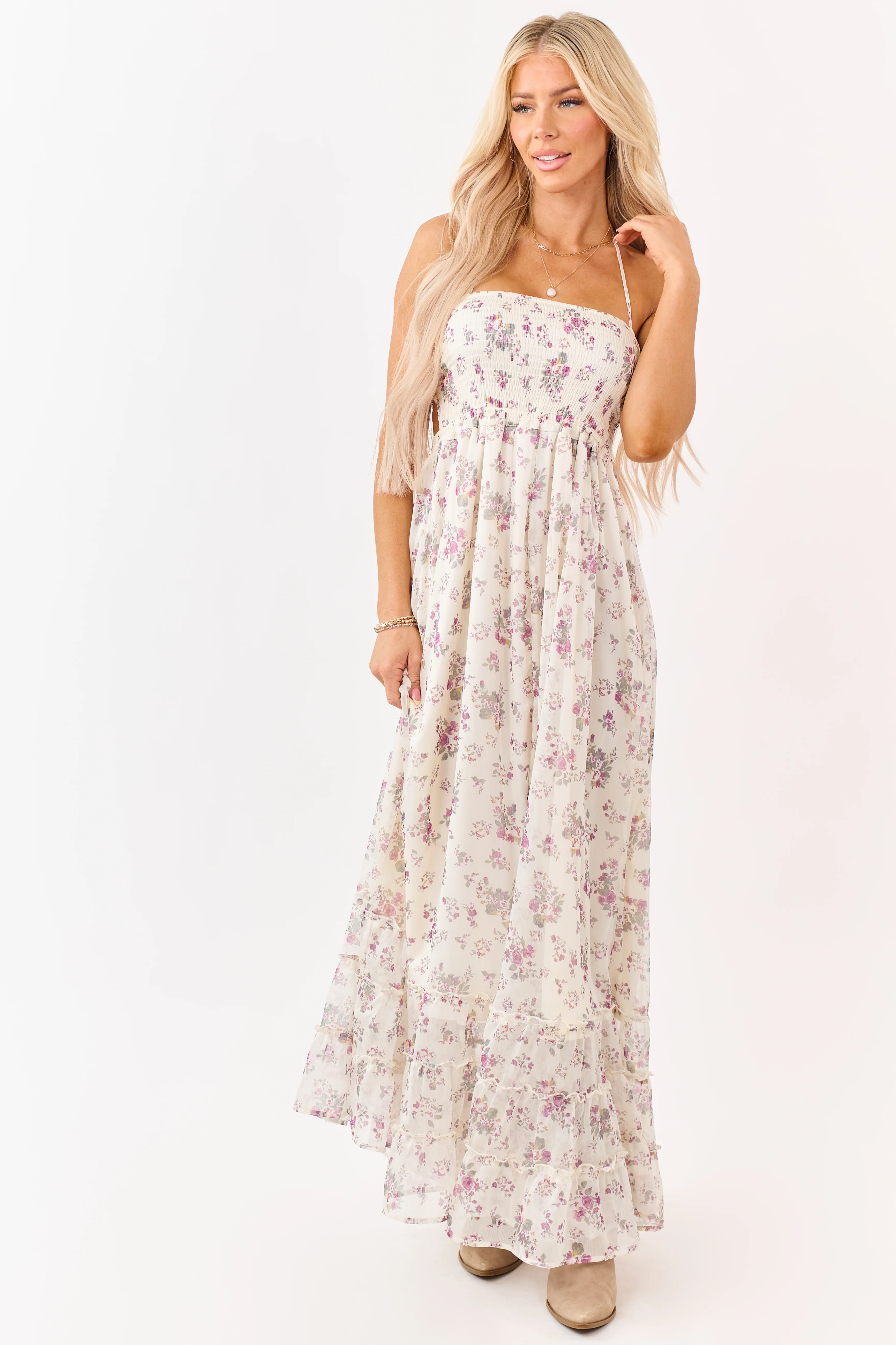 Cream Floral Print Backless Halter Neck Maxi Dress - Image 3