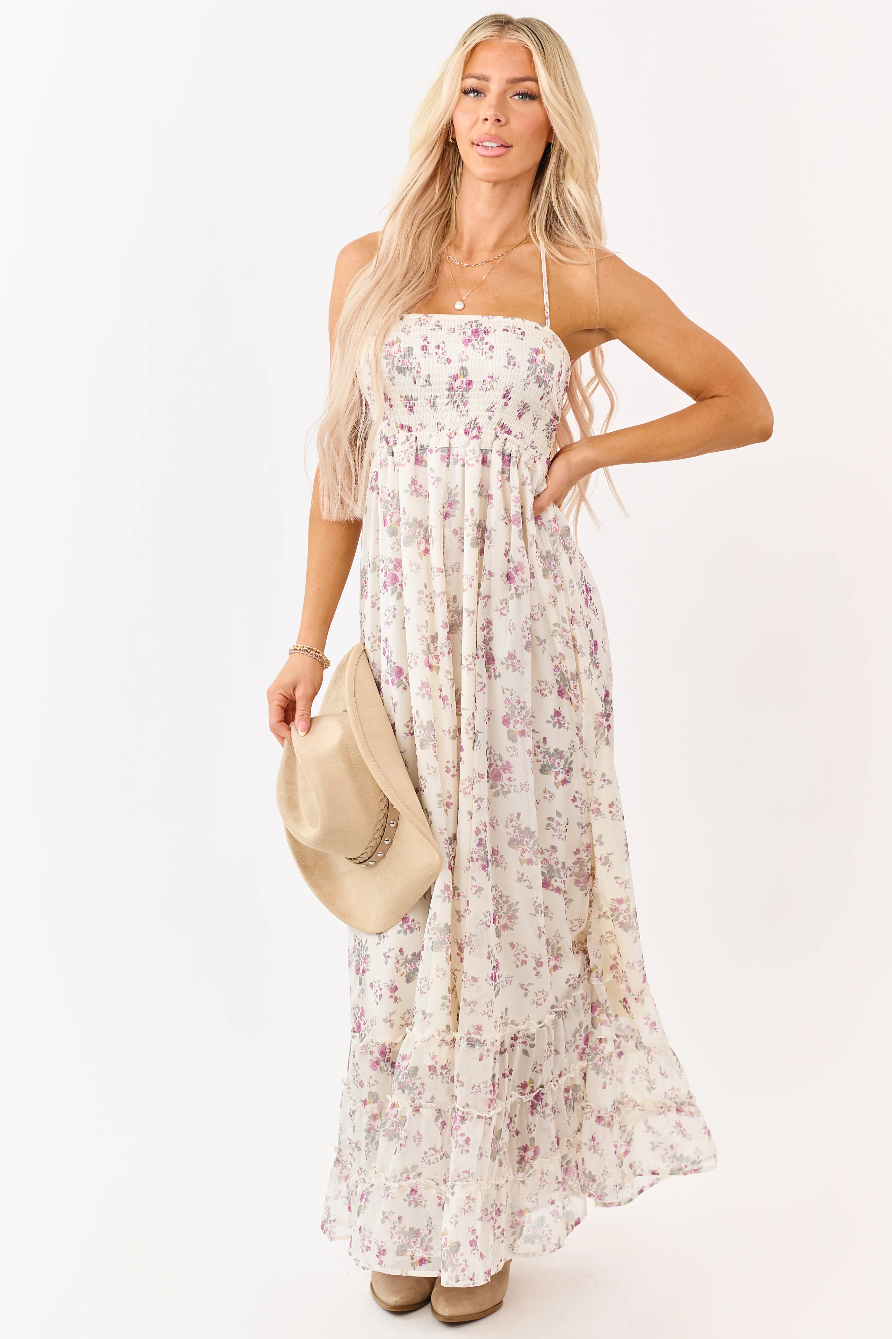 Cream Floral Print Backless Halter Neck Maxi Dress - Image 4